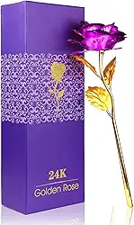 ALLOMN Rosa dourada 24K, haste longa de plástico mergulhada em ouro com caixa de presente, o melhor presente para o Dia dos Namorados, Dia das Mães, Natal, aniversário com caixa de presente (roxa)