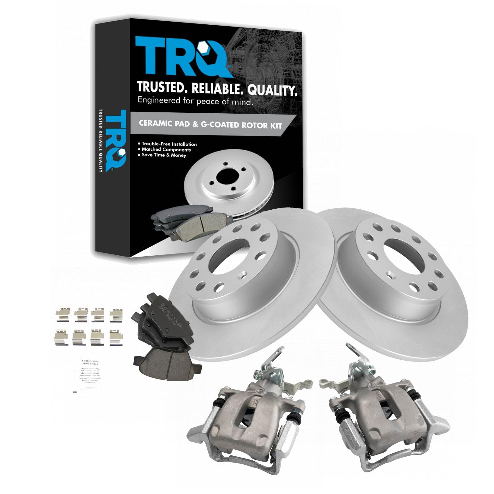 TRQ Rear Brake Pad and Rotor Set Ceramic G Coated Rotors Calipers Hardware
