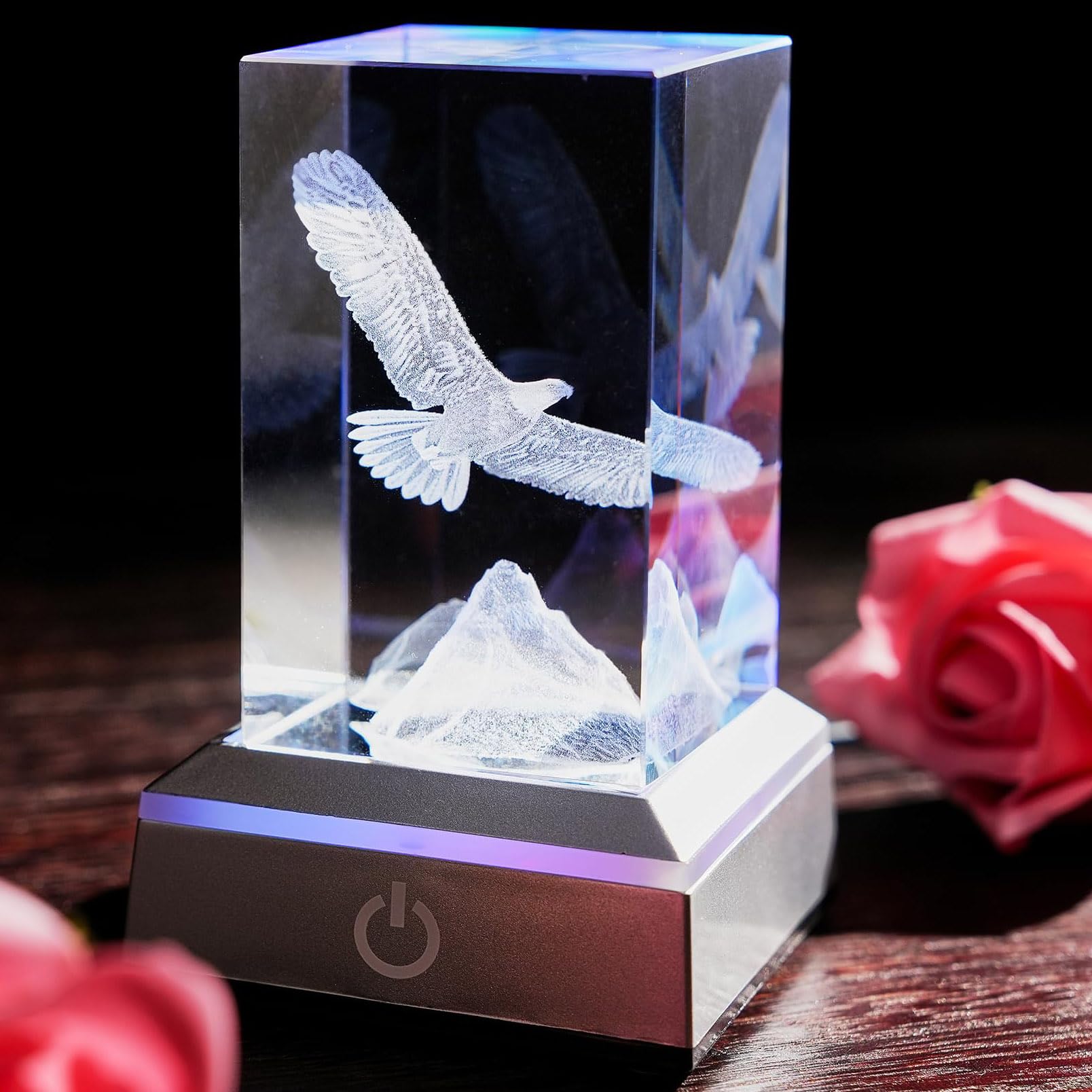 Crystal 3D Engraving Eagle Figurines Paperweight Gifts for Men with Colorful Light Base Eagle Statue Glass Cube Paperweight Decor Birthday Gift for Him Men