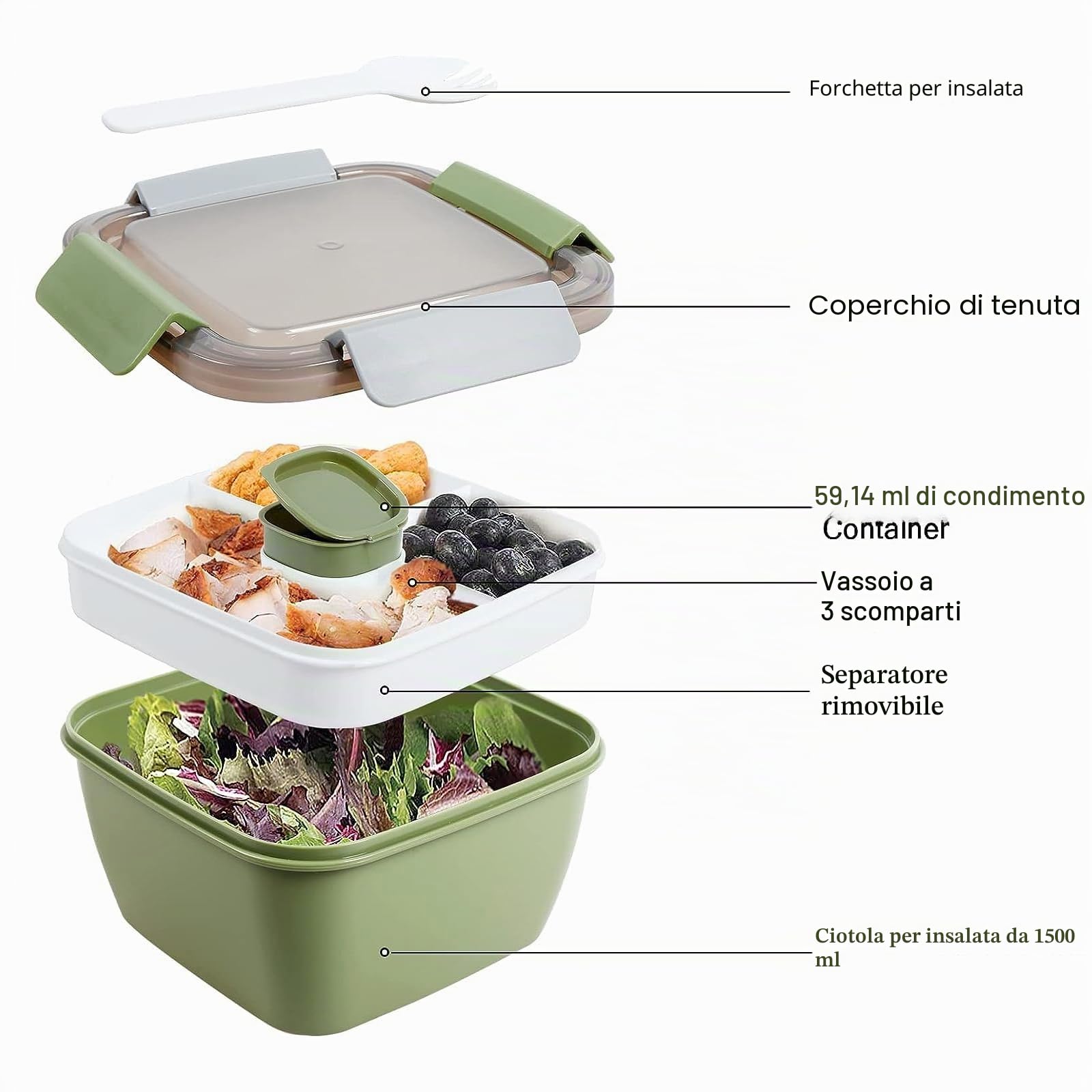 Greentainer Lunchbox Bento Box a prova di perdite con 1 forchetta, contenitore per insalata con contenitore per condimento, 3 scomparti, ideale per scuola, lavoro, picnic, viaggi, campeggio