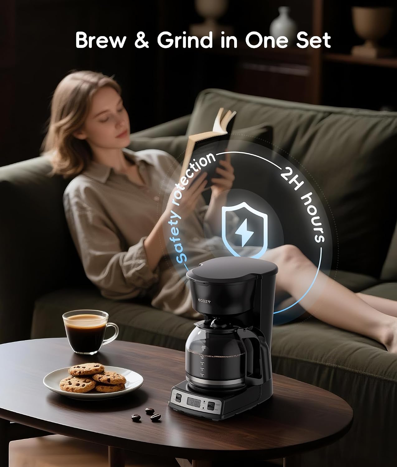 ecozy 12-Cup Drip Coffee Maker with Electric Coffee Grinder Combos, Programmable Coffee Machine, Washable Basket Filter, Auto Shutoff Function, No Drip Pause & Pour