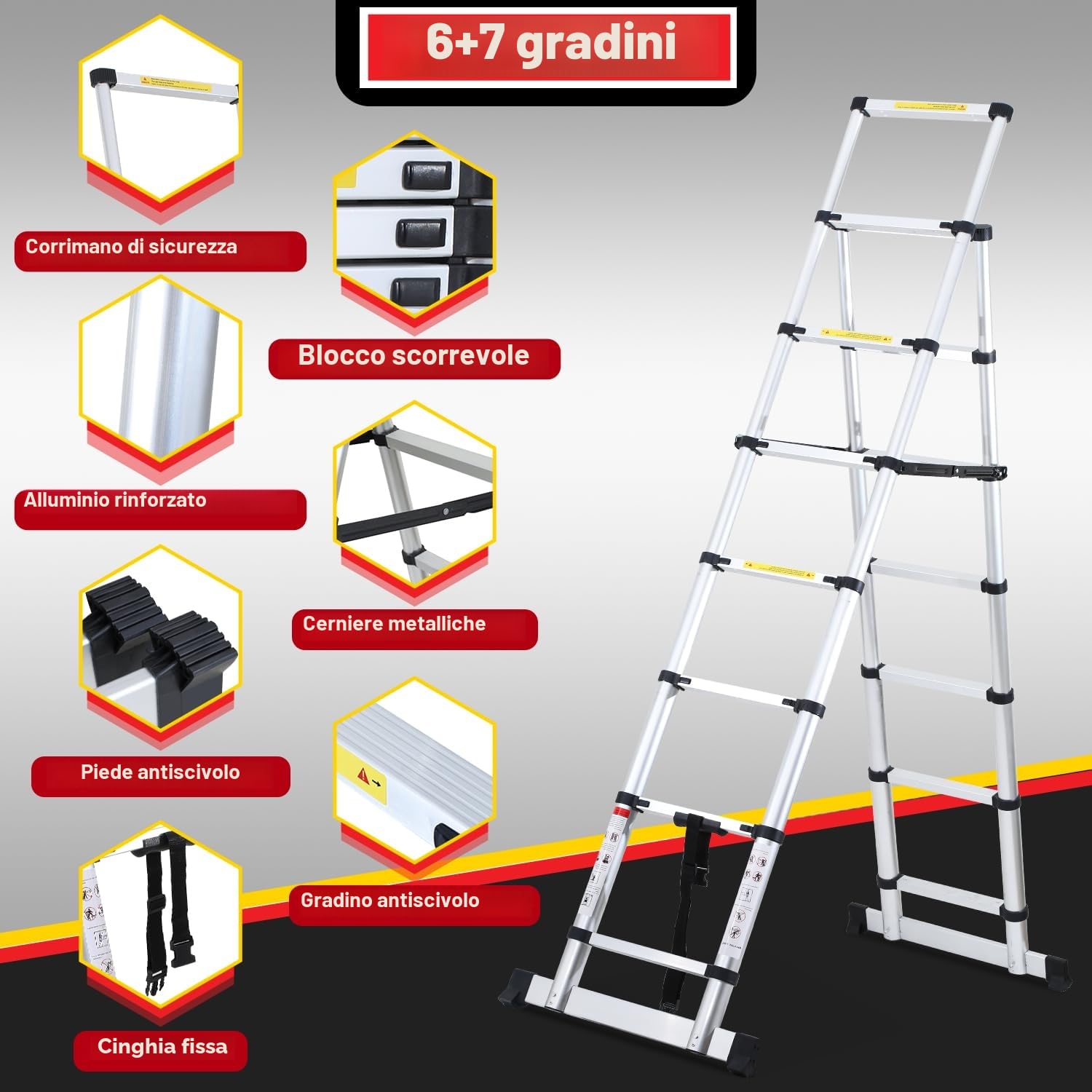Lospitch - Scala telescopica pieghevole, 2 + 2,3 m, in alluminio, antiscivolo, multiuso, allungabile, telaio ad A, 6+7 pioli, portata 150 kg