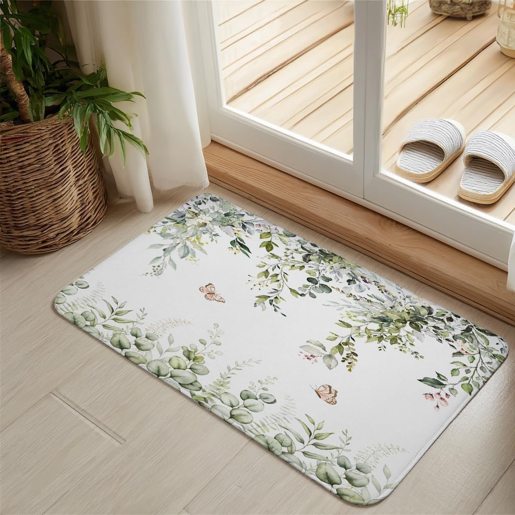 4 Pcs Sage Green Eucalyptus Shower Curtain Set with Toilet Lid Cover and Non-Slip Bathroom Rugs, Green Leaf and Floral Butterfly on White Shower Curtain Rustic Bathroom Decor, 72L X 72W inches