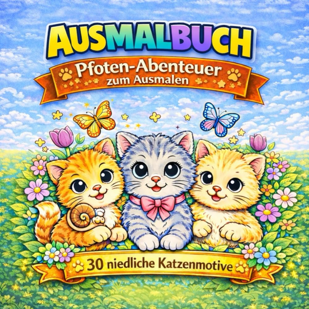 30 niedliche Katzenmotive zum Ausmalen: Ausmalbuch für Kinder von 5–8 Jahren | Süße Katzen zum Malen und Kreativsein (Pfoten-Abenteuer zum Ausmalen)