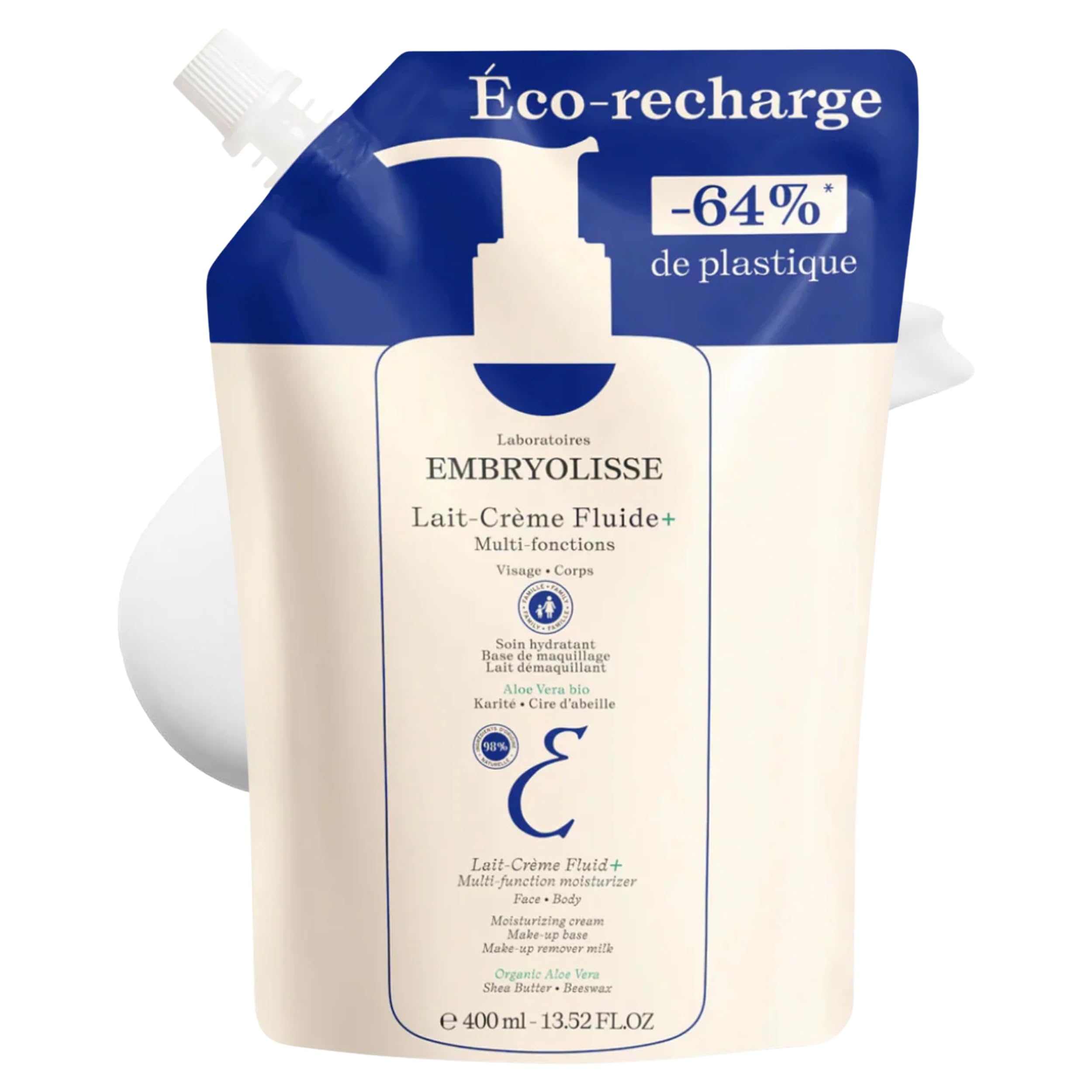 EmbryolisseLait Creme Fluid+ Face & Body Cream Refill. Natural Lightweight Moisturizer for All Skin Types. Hydrating Lotion with Shea Butter & Aloe Vera, 13.52 Fl Oz