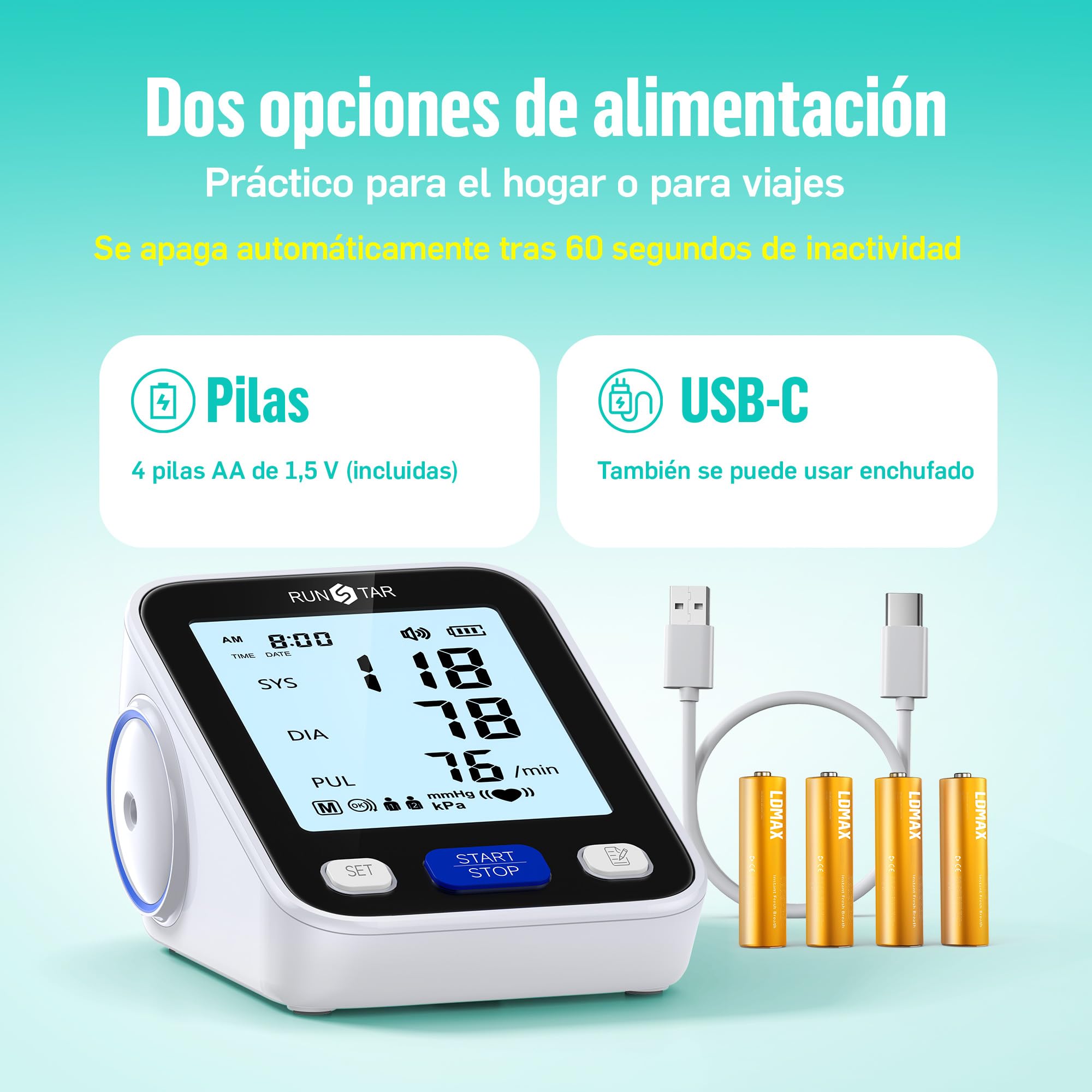 Runstar Tensiometro de brazo con brazalete de amplio rango (22cm-42cm) para uso doméstico, tensiómetro digital automático con bolsa de almacenamiento y memoria de 2x99 lecturas,negro