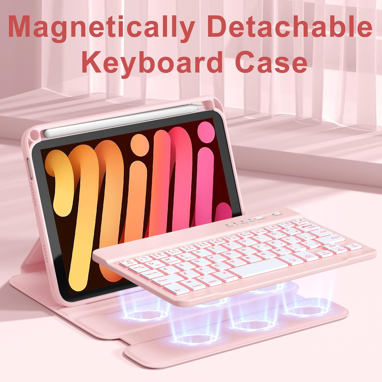 Harvopu for iPad mini 7 A17 Pro/6 Generation Keyboard Case 2024/2021 8.3 Inch,360° Rotating Clear Back Cover with 7 Color Backlit Detachable Keyboard, Pencil Holder for iPad mini 7th/6th Gen,Pink
