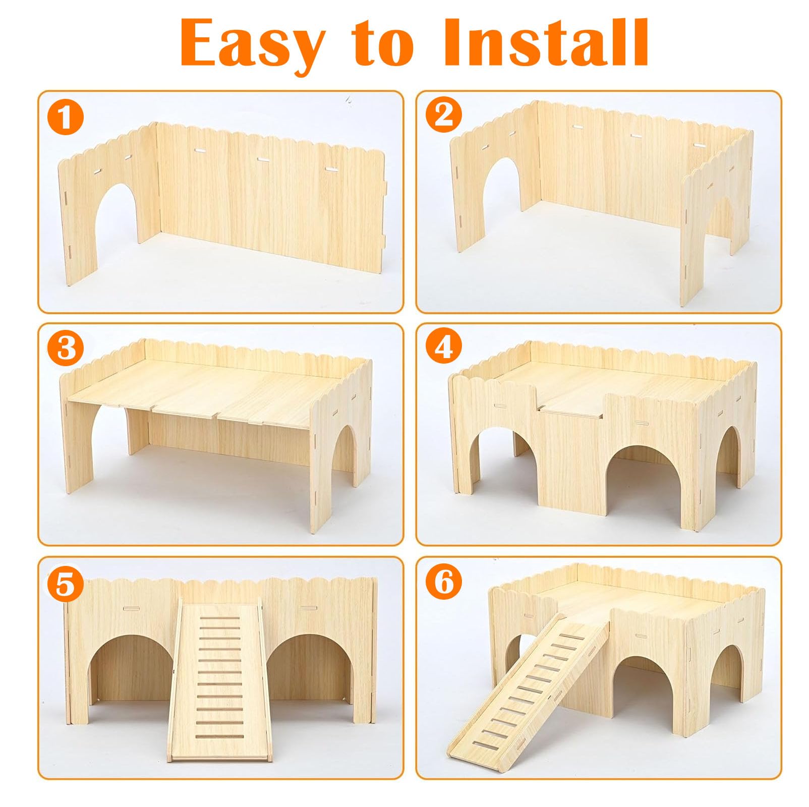 Cabane Cochon d'Inde Bois Massif 4 Entrées avec Rampe Détachable, 38x25x18cm Maison en Bois Naturelle Petits Animaux de Compagnie, Accessoires Jouets pour Hamsters, Nains, Chinchilla, Lapins