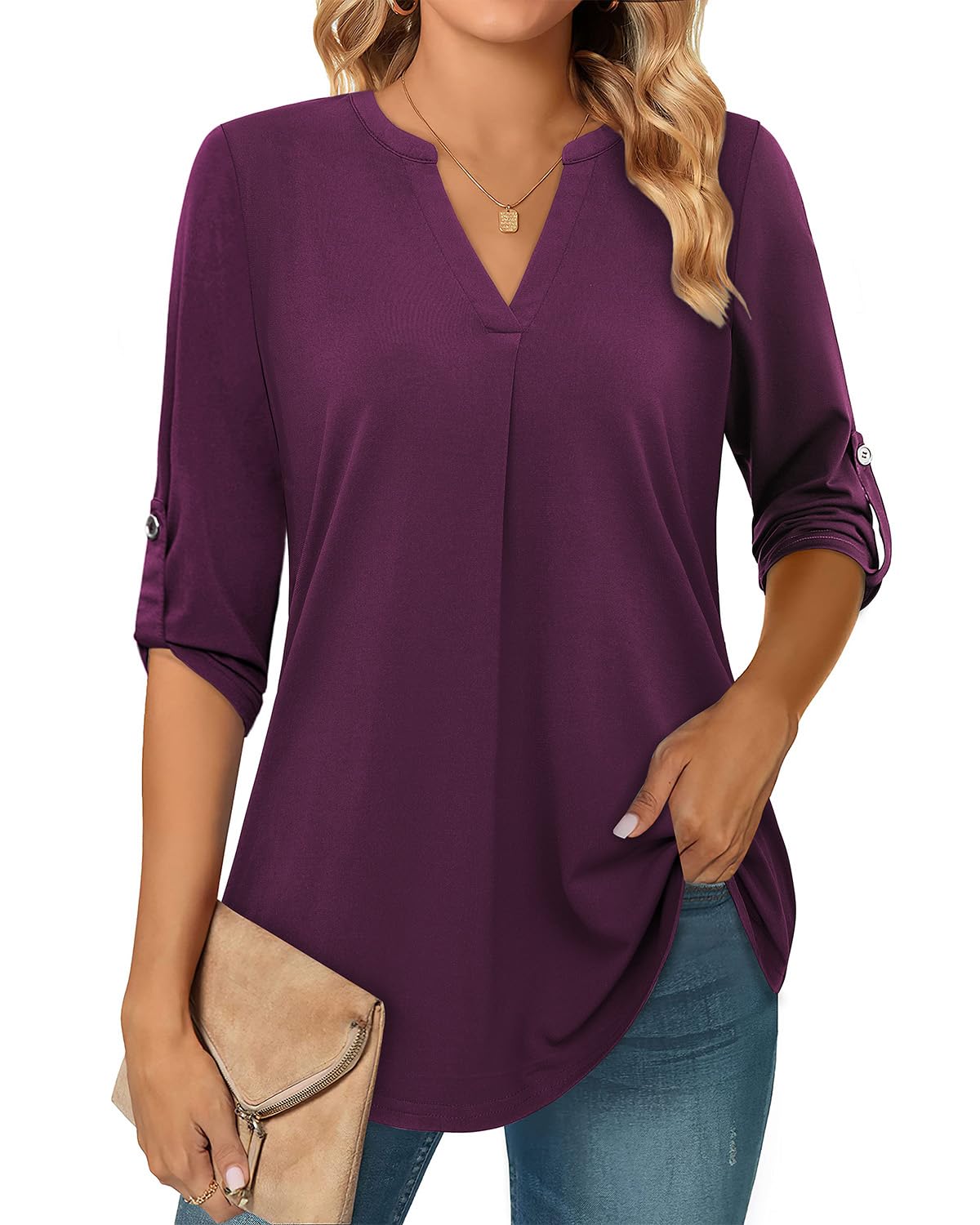 Siddhe Damen V-Ausschnitt Bluse 3/4 Ärmel Oberteile Tunika Tops Locker Longshirt Lässige T-Shirt Langarm Hemd