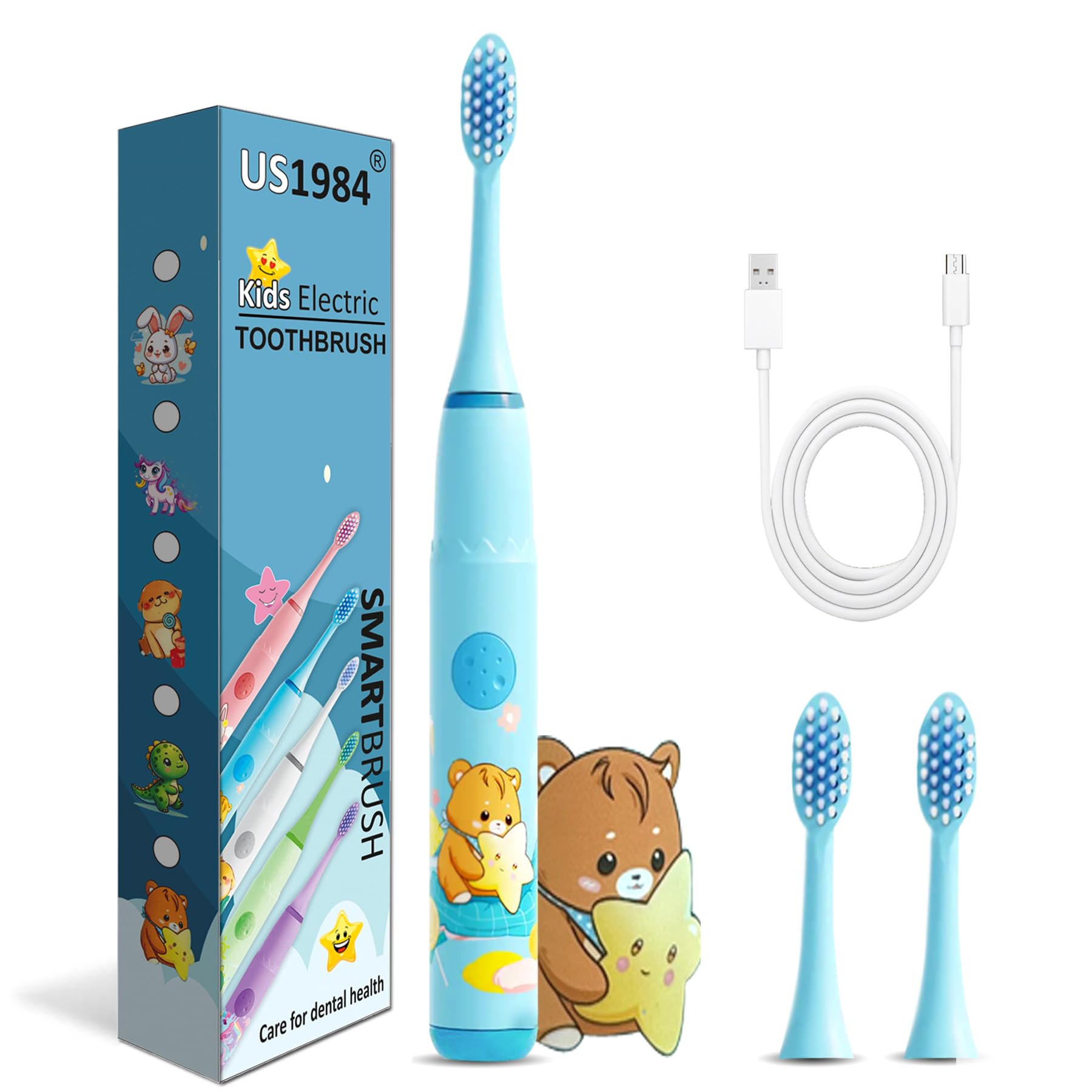 US1984 Sonic Electric Toothbrush For Adults and Kids with 4 Modes, 18000 Strokes per minute, 3 Brush Head, Soft Bristles, Waterproof, Rechargeable Lasting Up To 30 Days, Power Toothbrush (Blue)