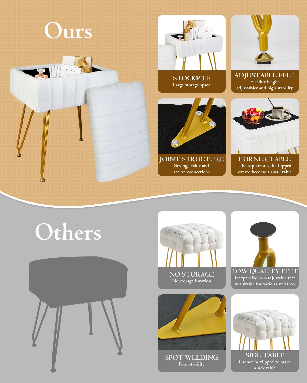 Taburete de tocador con almacenamiento, taburete de maquillaje de piel sintética con patas de metal, reposapiés peludo multifuncional, silla otomana para sala de estar, dormitorio, color 7