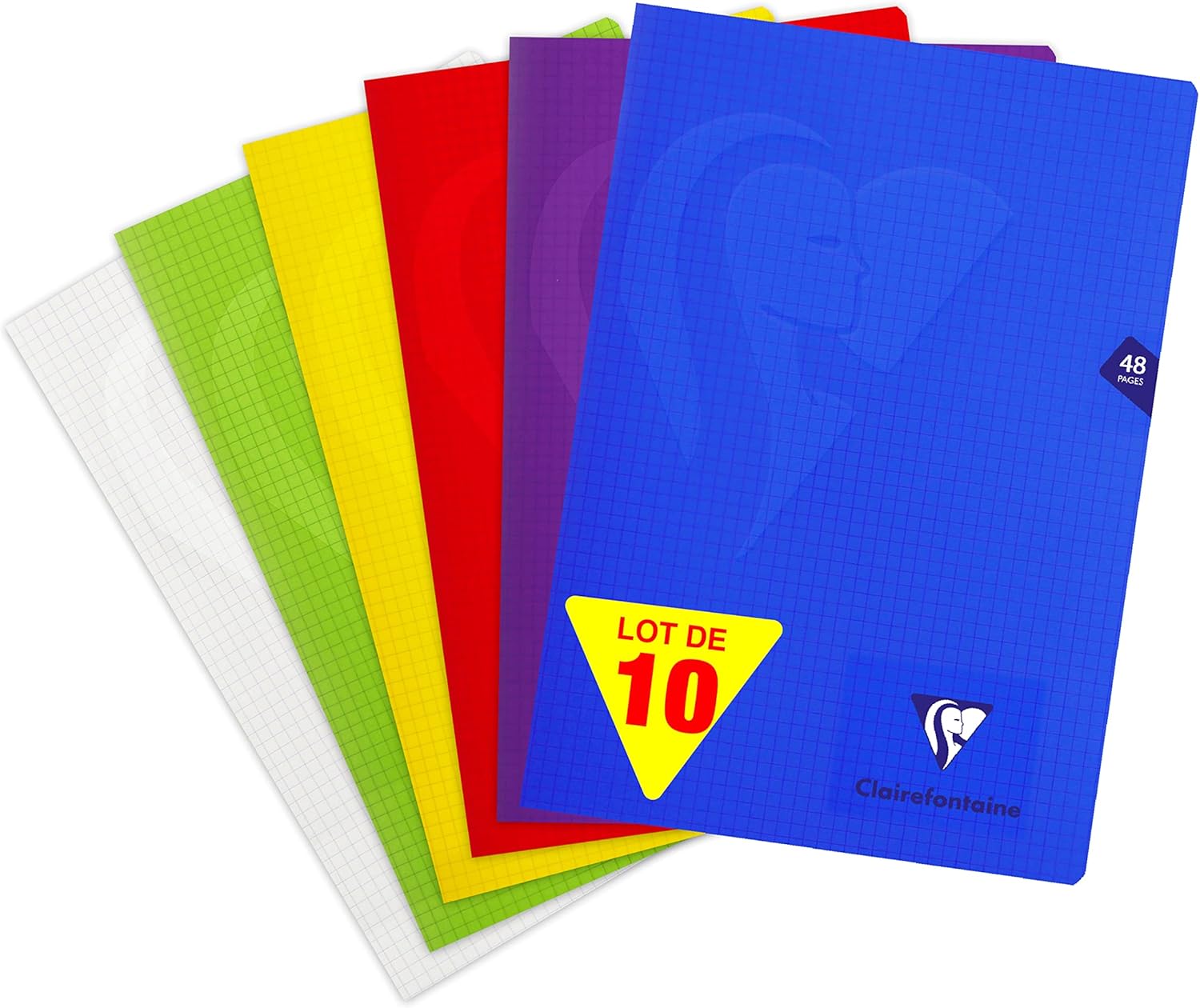 Clairefontaine 303102C Lot de 10 Cahiers Agrafés Mimesys – A4 21×29,7 cm – 48 Pages Petits Carreaux – Papier Blanc 90 g – Couverture Polypro Transparent – Couleurs Aléatoires