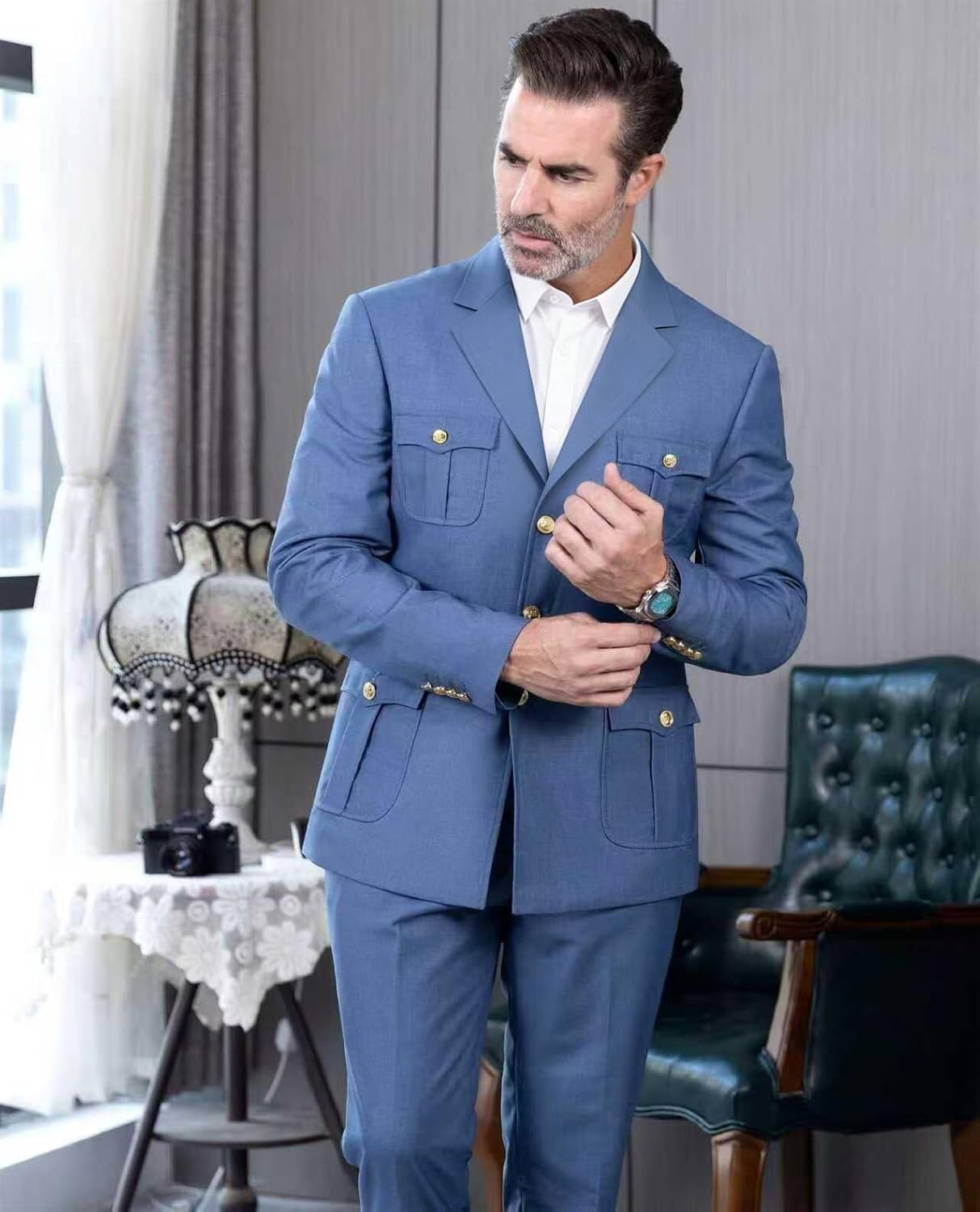 Mens 2 Piece Safari Suit Notch Lapel Formal Gold Suit for Men Regular Fit Multi Pocket Chinese Traditional Wedding Set - Image 5