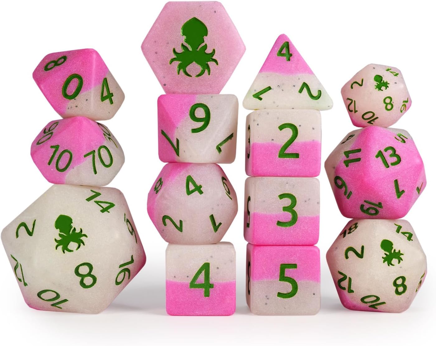 Kraken Dice Pink Dragon Fruit Glow in The Dark 14pc Dice Set Inked in Green
