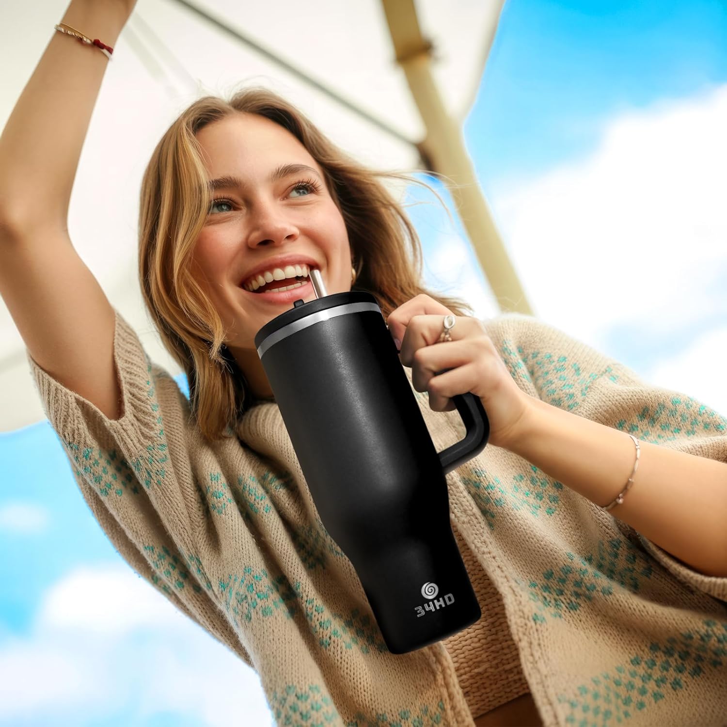 34HD 40 oz Stainless Steel Tumbler - Leakproof Insulated Water Bottle with Handle, Magnetic Lid and Flexible Straw - Iced for 48 Hours – Perfect for Men, Women, Birthday Gift, Black - Midnight Onyx - Image 7