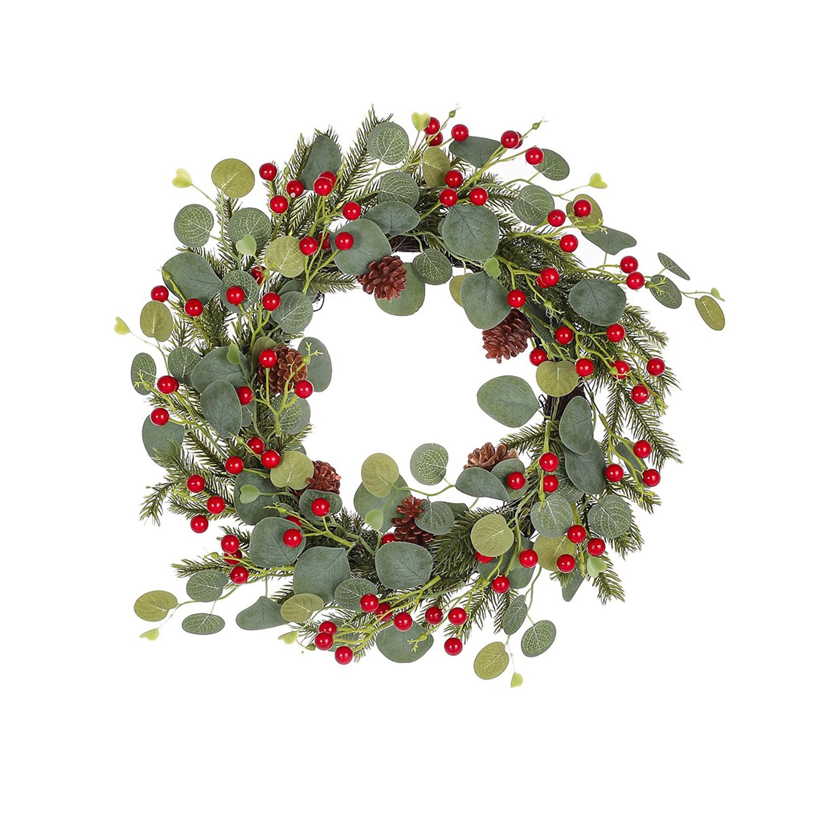 46cm Christmas Wreath Winter Green Eucalyptus Pine Needle Wreath with Berry Pine Cone,for Front Door Window Farmhouse Indoor Outdoor Decor (red berry)