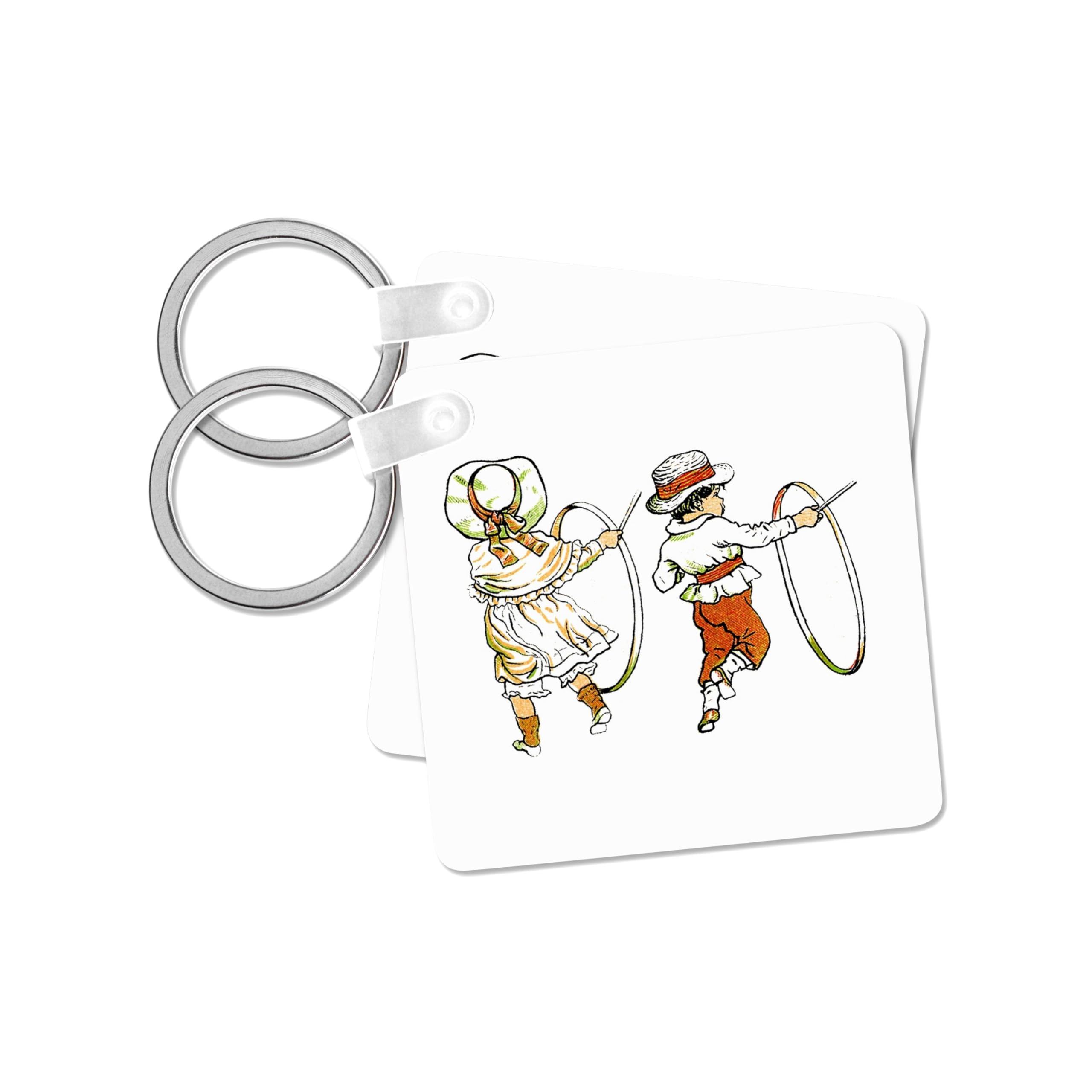 3dRose, Pretty Kate Greenaway illustration of children playing hoop and stick, set of 2 Key Chains