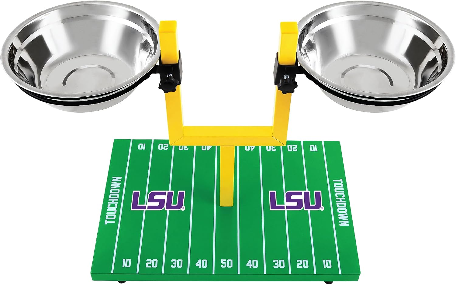 NCAA LSU Tigers Goalpost Football Field Dog Feeder – Adjustable Elevated Dog Bowls with Stand, 2 Stainless Steel Bowls, Non-Slip Rubber Feet, Raised Pet Feeder for Large & Small Dogs