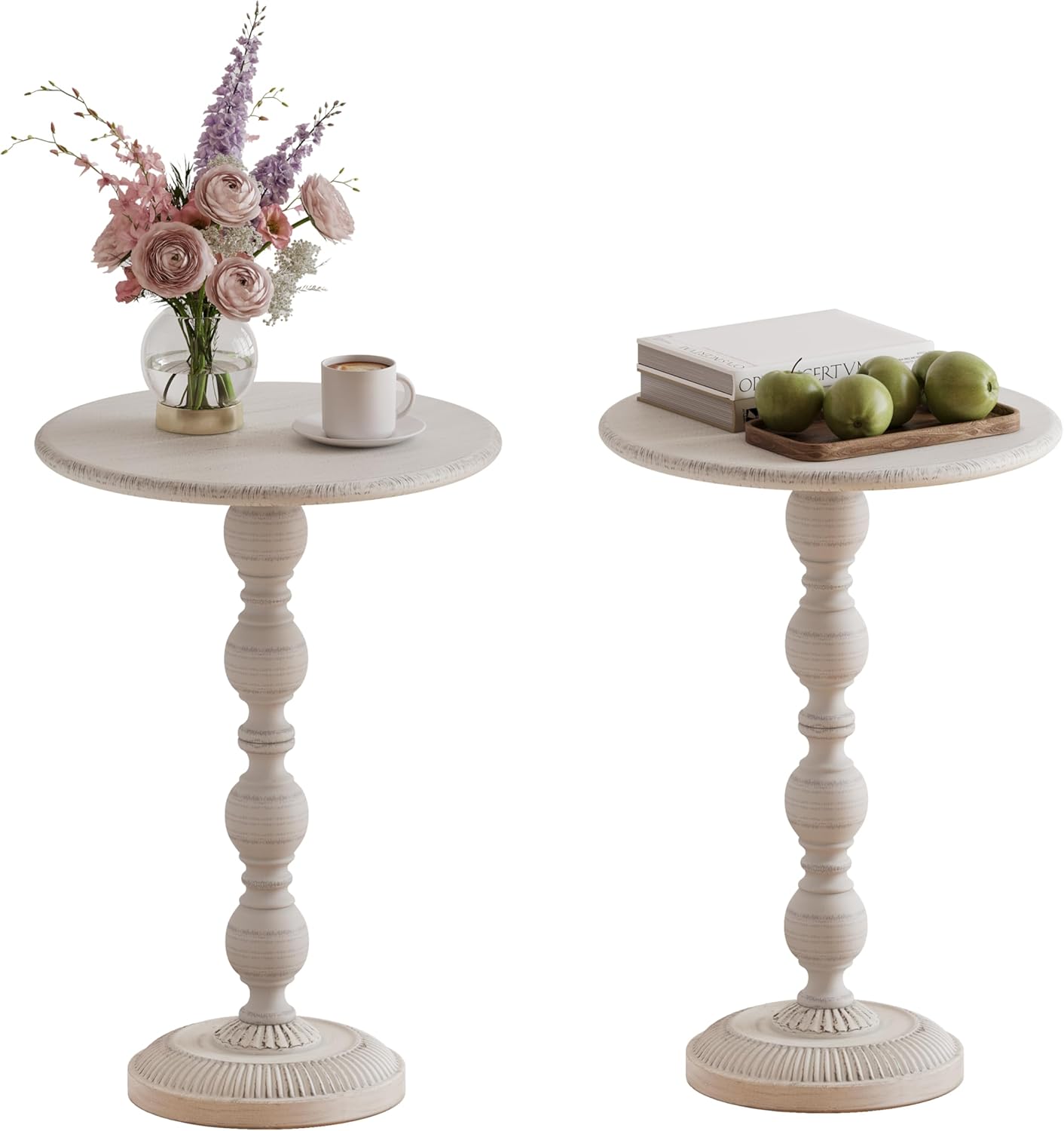 Small Round Metal Side Table, Lightweight Decorative Drink Table with Vintage Roman Column, Retro Distressed Accent Table for Living Room, Bedroom, Corners (2, Antique White)