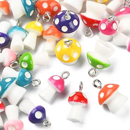 Miniatura 8 de KitBeads 32 dijes de hongos de estilos mixtos 3D para comida y verduras, encantos de Pascua, coloridos dijes de resina para hacer joyas, pulseras a