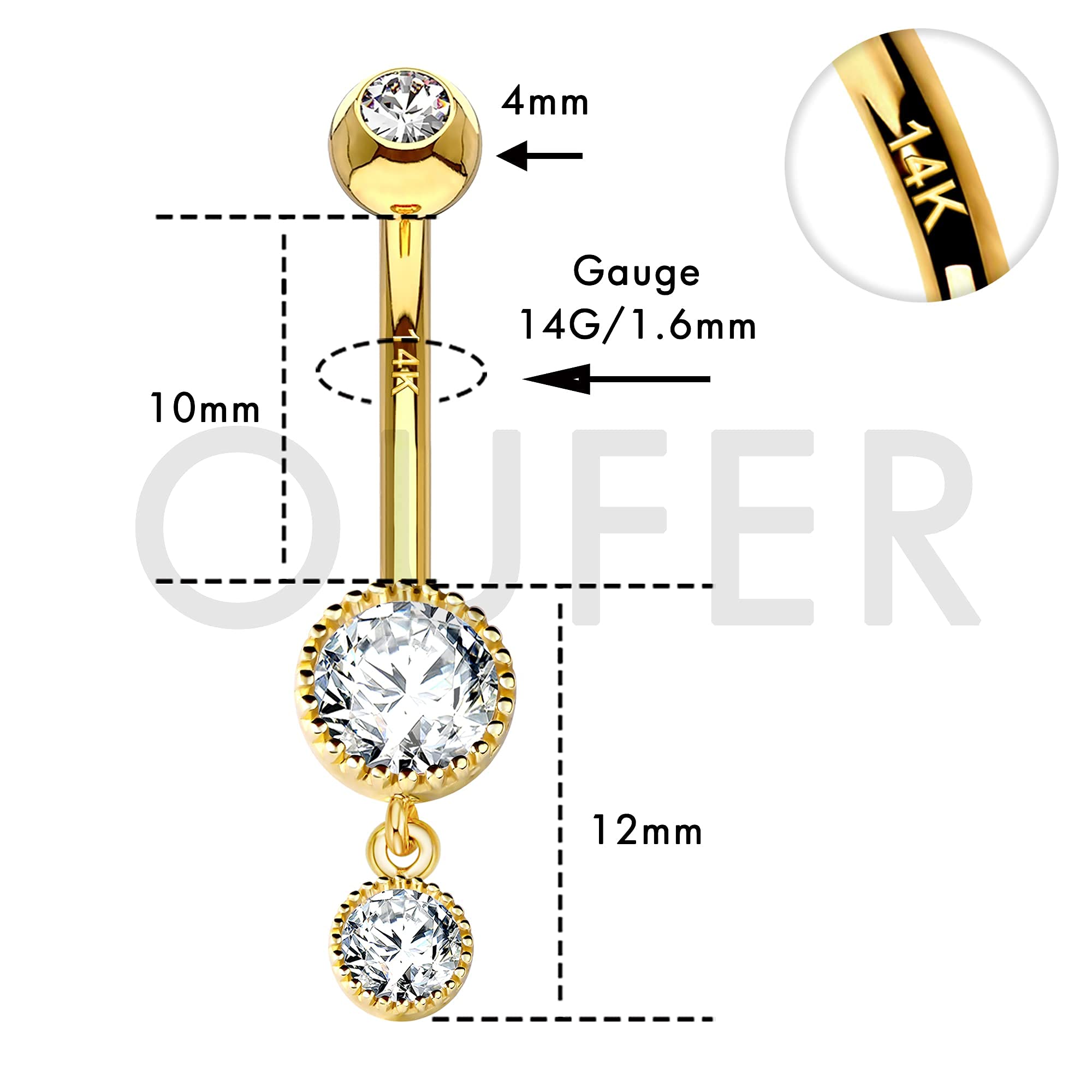 OUFER Body Piercing Belly Button Bars 14G Navel Bar 14K Solid Gold Double Round Clear CZ Belly Bars Navel Piercing Jewellery