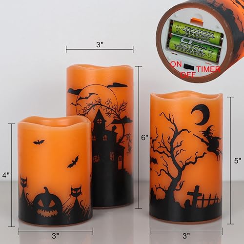 Miniatura 2 de Lasumora Velas de Halloween sin llama con temporizador de 6 horas, velas LED naranjas parpadeantes de cera real, bruja, murciélagos, castillo,