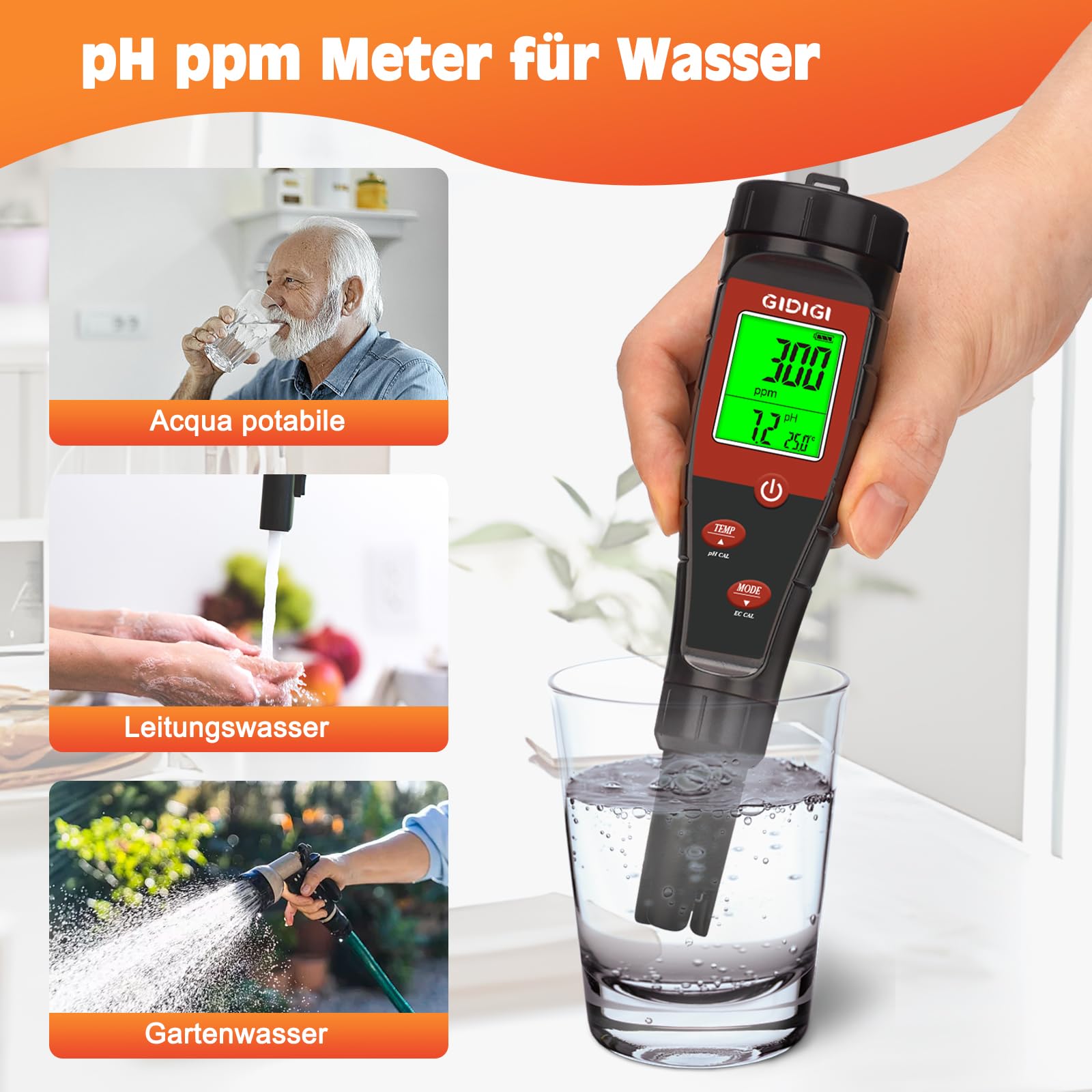 pH Messgerät für Hydrokulturwasser, Digitaler pH Tester für Wasser, TDS Tester EC PPM Test für Pflanzennährstoffe, 4-in-1 Messgerät für Leitfähigkeit, pH Stift für Trinkwasser, DWC, Zimmerpflanzen