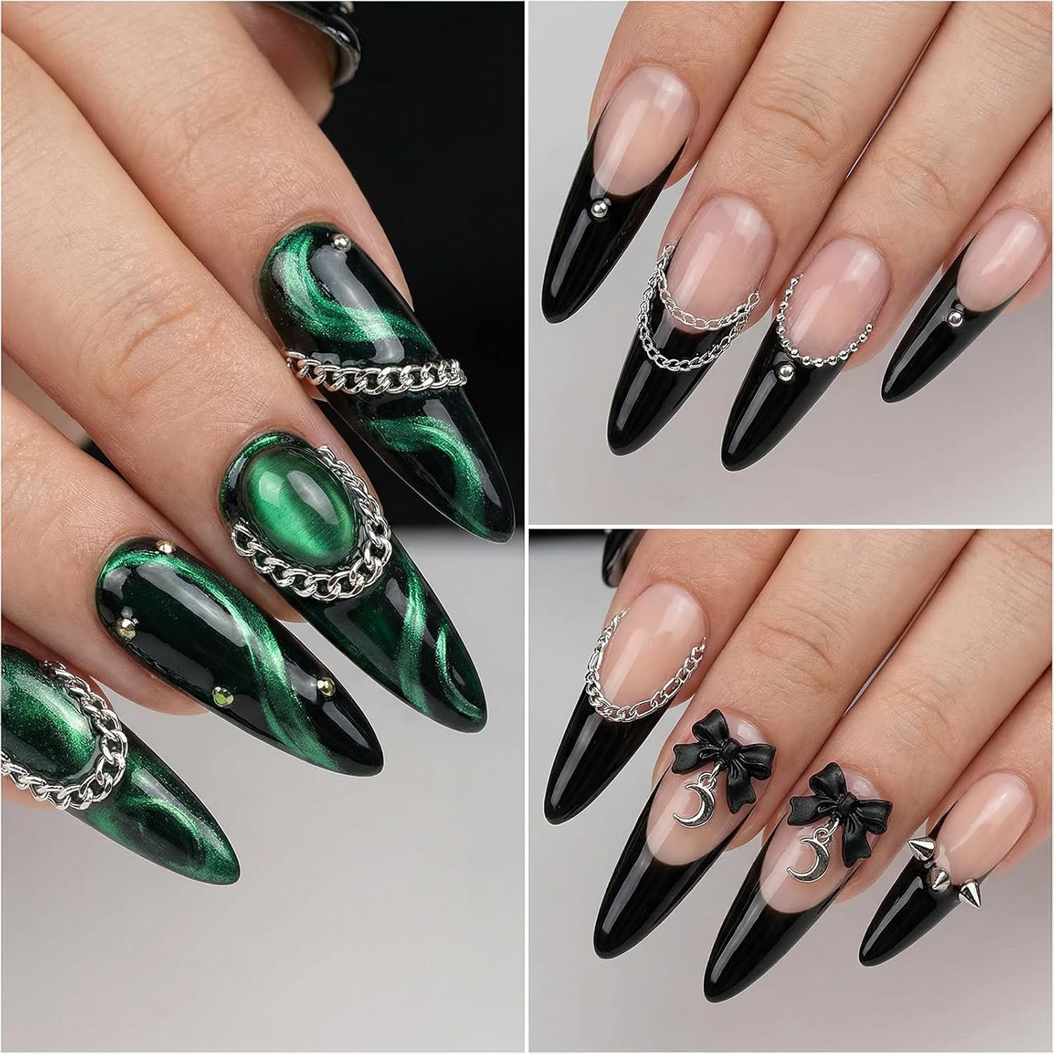 470 Inch 3D Metal Nail-Art Chains Decorations 24 Strips Nail Chains for Nail Art Gold Silver Gray Nails Chain Supplies DIY Manicure Jewelry Accessories with Box for Women
