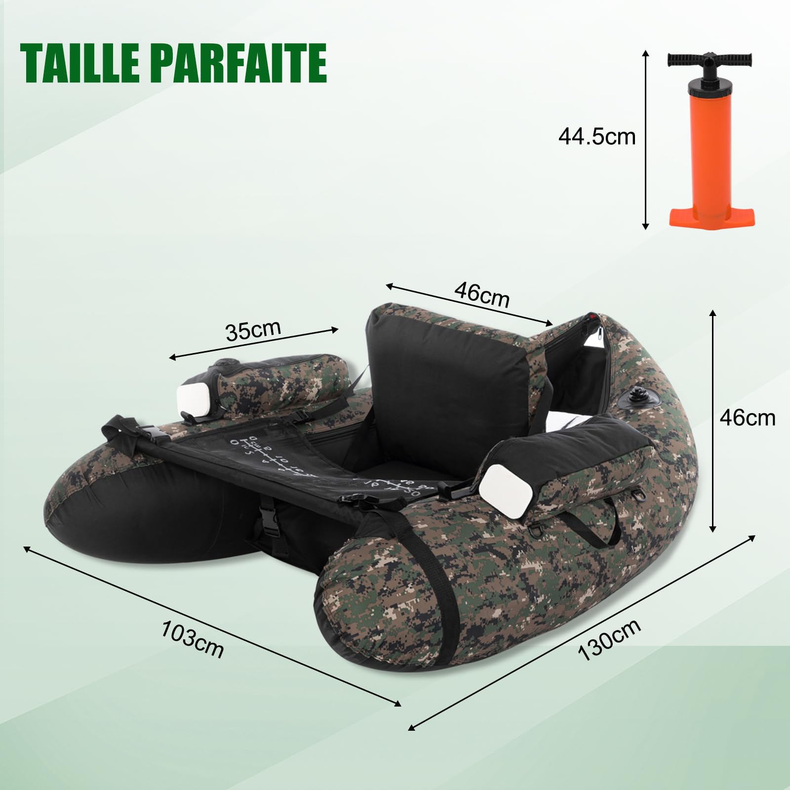 LEADZM Bateau de Pêche Gonflable Camouflage, Float Tube avec Pompe, Support de Canne Peches, Sangles Réglables, Sac de Rangement, Capacité de Charge 150 kg