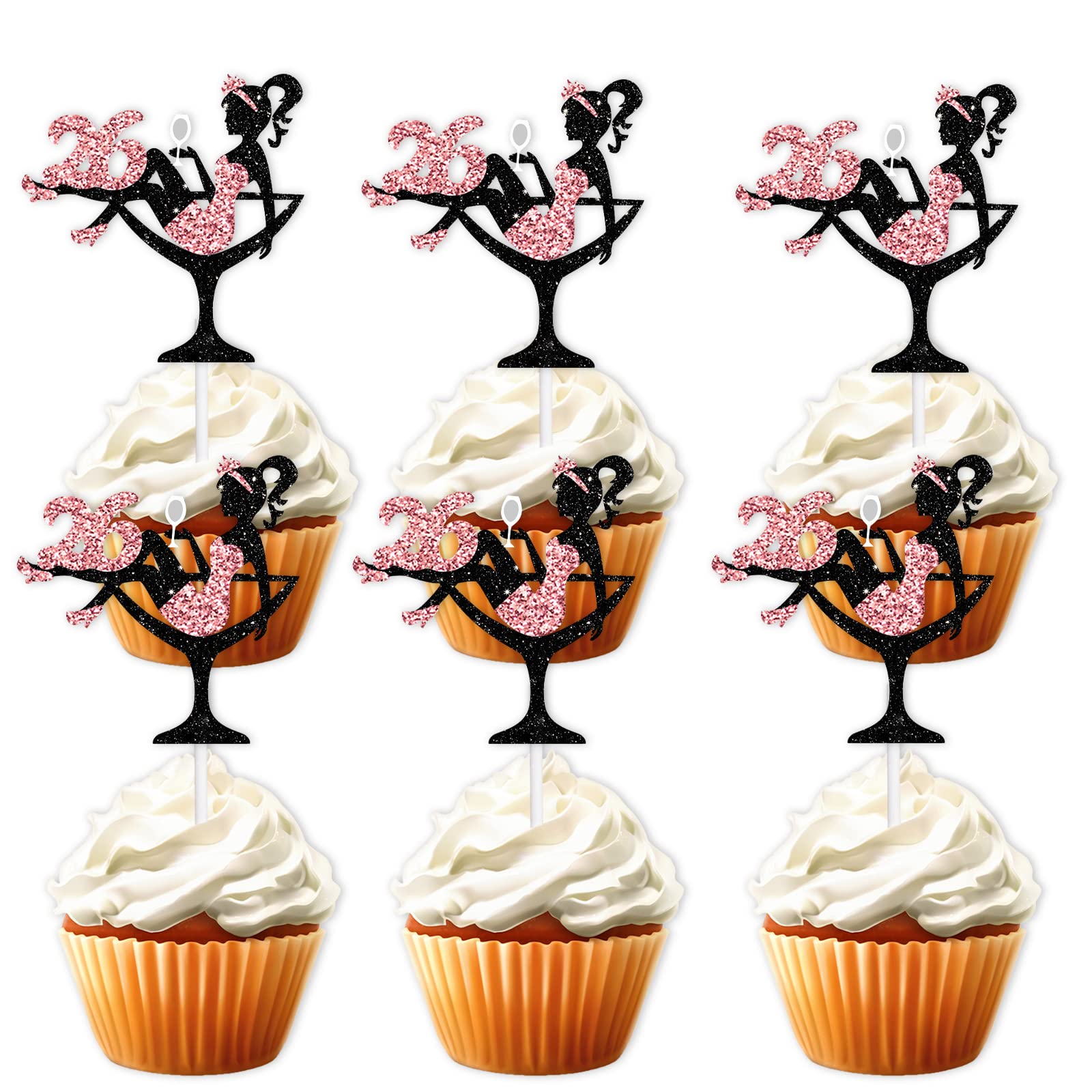 18pcs Pink Glitter 26 Silhouette High Heeled Sitting Girl Cupcake Topper Makeup Spa Theme Party Decoration Supplies Girl Lady Women 26th Happy Birthday Party Decor Supplies