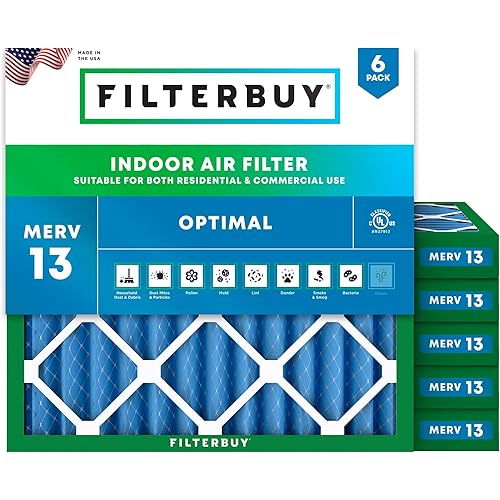 Filterbuy 24x24x2 Air Filter MERV 13 Optimal Defense (6-Pack), Pleated HVAC AC Furnace Air Filters Replacement (Actual Size: 23.38 x 23.38 x 1.75 Inches)