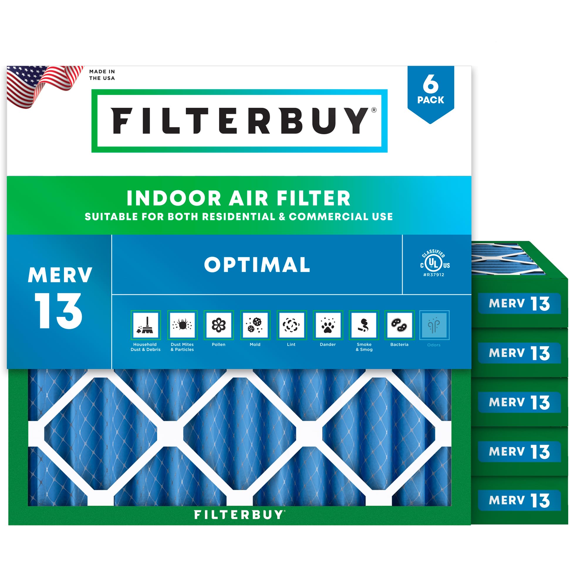Filterbuy 18x18x2 Air Filter MERV 13 Smoke &amp; Allergy Defense (6-Pack)