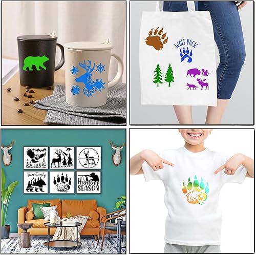 Miniatura 5 de 36 plantillas de pintura de animales, plantillas de árbol reutilizables, plantillas de bosque de montaña, osos, lobos, ciervos, plantillas de