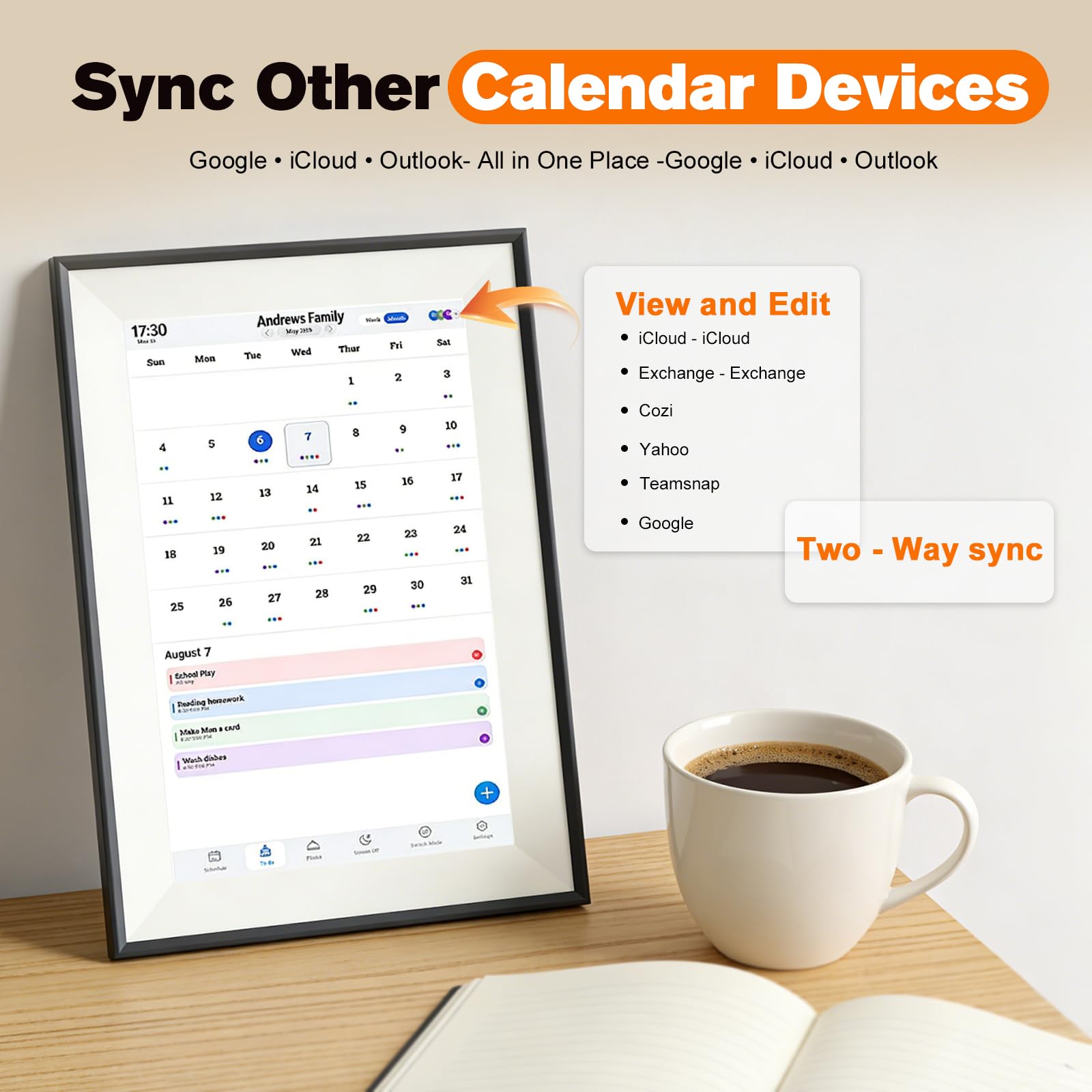 Calendario digital de 10,1 pulgadas con pantalla táctil, calendario 3 en 1 y marco de fotos en la nube y galería, 32 GB de memoria, planificador familiar electrónico IPS, gestor de tareas, calendario