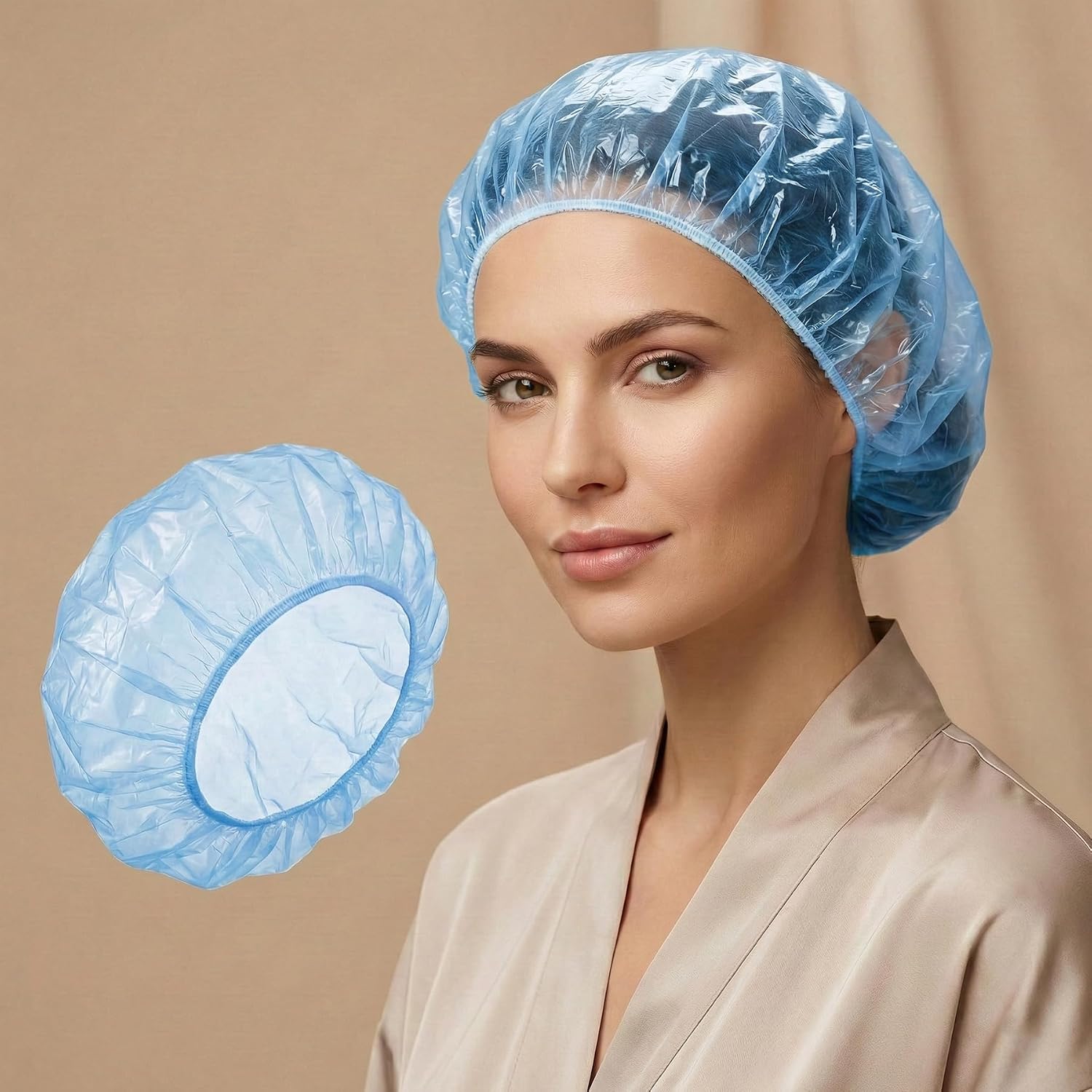 Clear Plastic Shower Cap 50 Pack Disposable Waterproof Hair Protectors 42cm Blue with Elastic Band for Salon, Hair Dye, Bath, Travel Transparent Stretchy Shower Caps