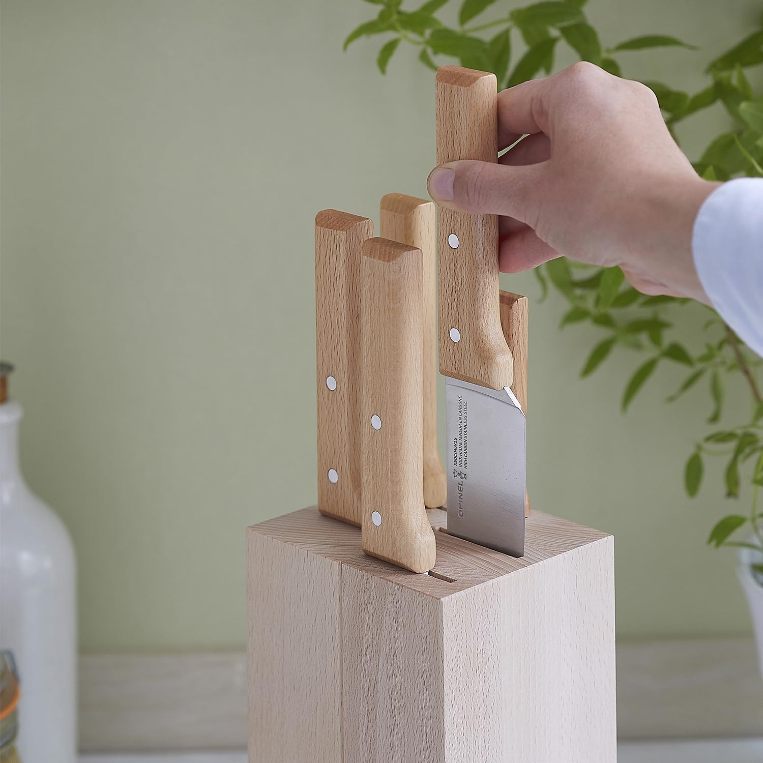 Opinel Parallele - Set di 5 coltelli da cucina con ceppo, lame in acciaio inox ad alto tenore di carbonio, manici in legno di faggio (blocco da 5 pezzi, coltello da pane)