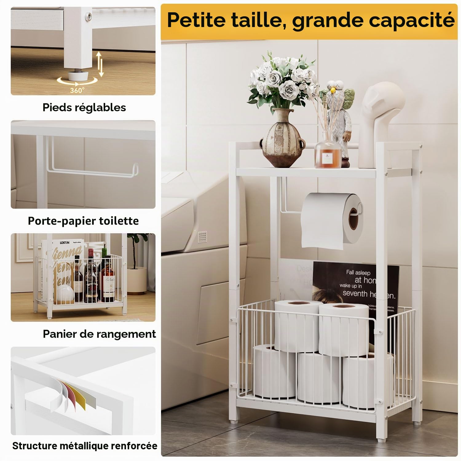 IBUYKE Porte Rouleau de Papier Toilette Autoportant avec Étagères – Idéal pour Papier Toilette, Téléphone, Lingettes Humides – Étagère Étroite pour Salle de Bain, Salon, Cuisine TLJ020W