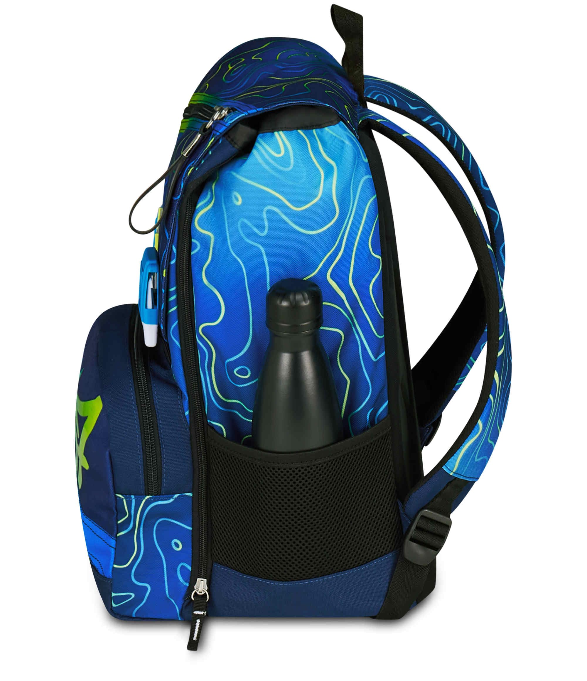 Seven Zaino Doppio Scomparto Estensibile Seven, Blu, Schienale Preformato, Bambino Scuola + Astuccio 3 Zip, Completo di Matite, Pennarelli, Colori, Elementari, Medie, Superiori,