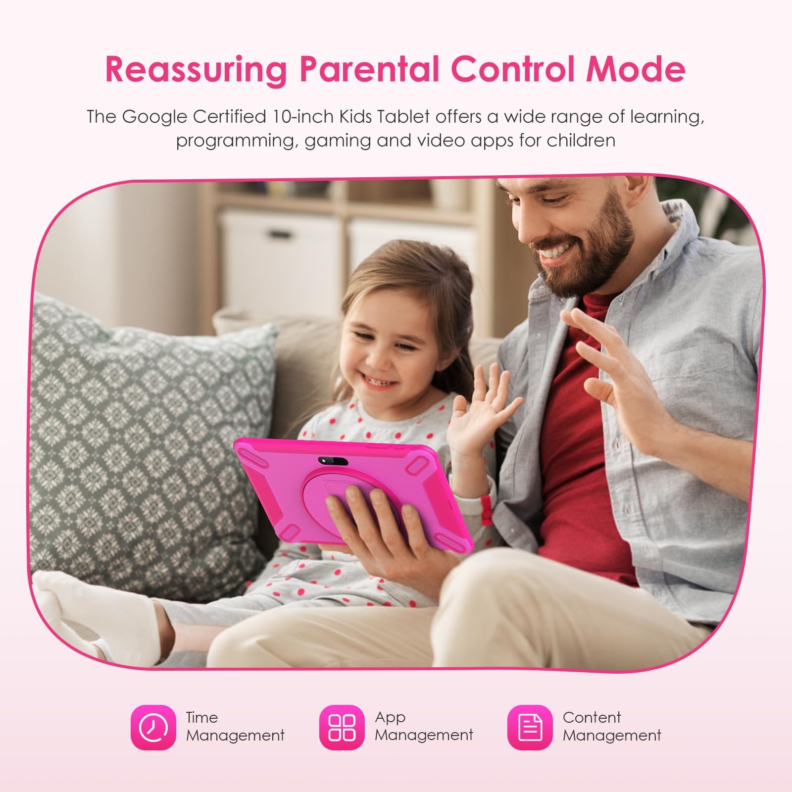 FASTWD Tablet per bambini 10 pollici Android 14 Tablets educativo,36GB RAM+128GB ROM(espandibile con SD),WiFi 6,controllo genitori,Widevine L1/BT 5.0/8+5 MP/Tablet per Bambini, (Rosa)