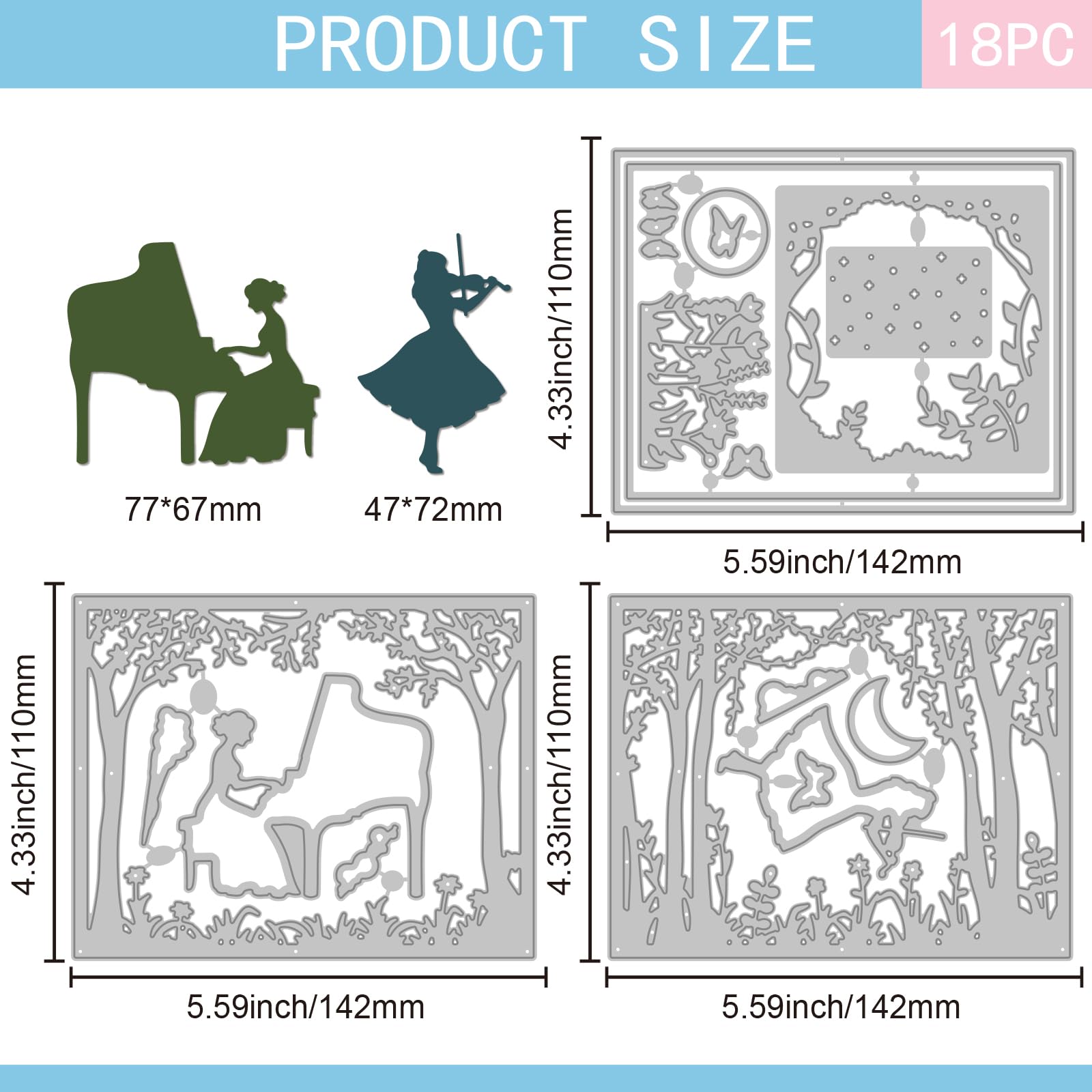 GLOBLELAND Layered Forest Piano Lady Frame Cutting Dies for DIY Scrapbooking Metal Music Wowen Background Cut Dies Flowers Butterflies Die Cuts for Card Making Embossing Photo Album Craft Decor - Image 2