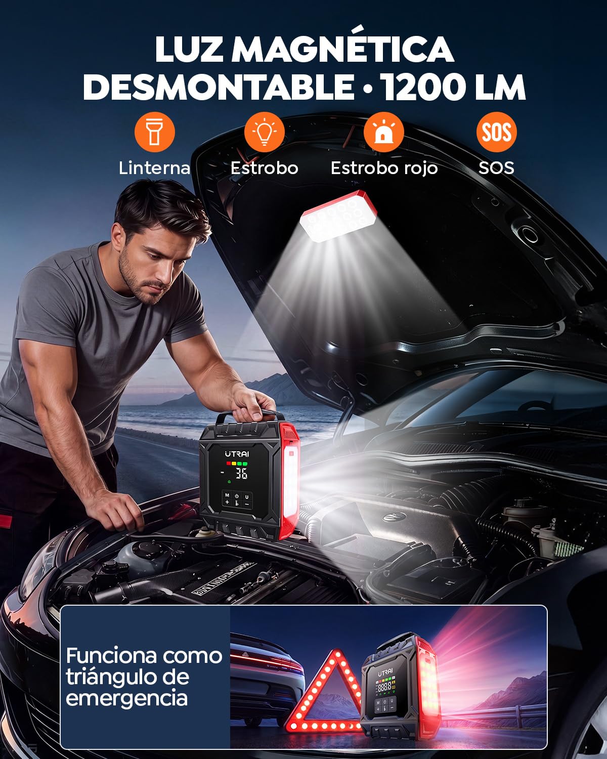 Arrancador de Baterías de Coche Portátil 8000A con Compresor de Aire 160PSI(All Gas/12L Diésel/Híbrido),UTRAI Arrancador con Luz Magnética Desmontable de 1200 Lúmenes,Kit de Reparación de Neumáticos