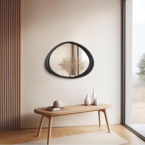 Miniatura 7 de AAZZKANG Espejo irregular negro asimétrico montado en la pared, espejo grande y moderno con marco de madera para baño, dormitorio, sala de estar,