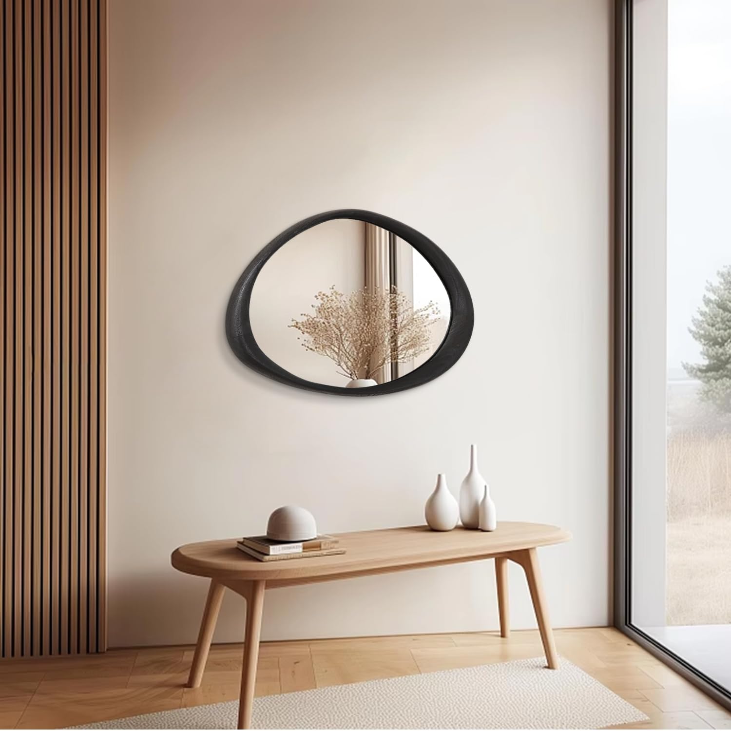 AAZZKANG Espejo irregular negro asimétrico montado en la pared con marco de madera moderno grande para baño, dormitorio, sala de estar, entrada, 60 x 40 cm