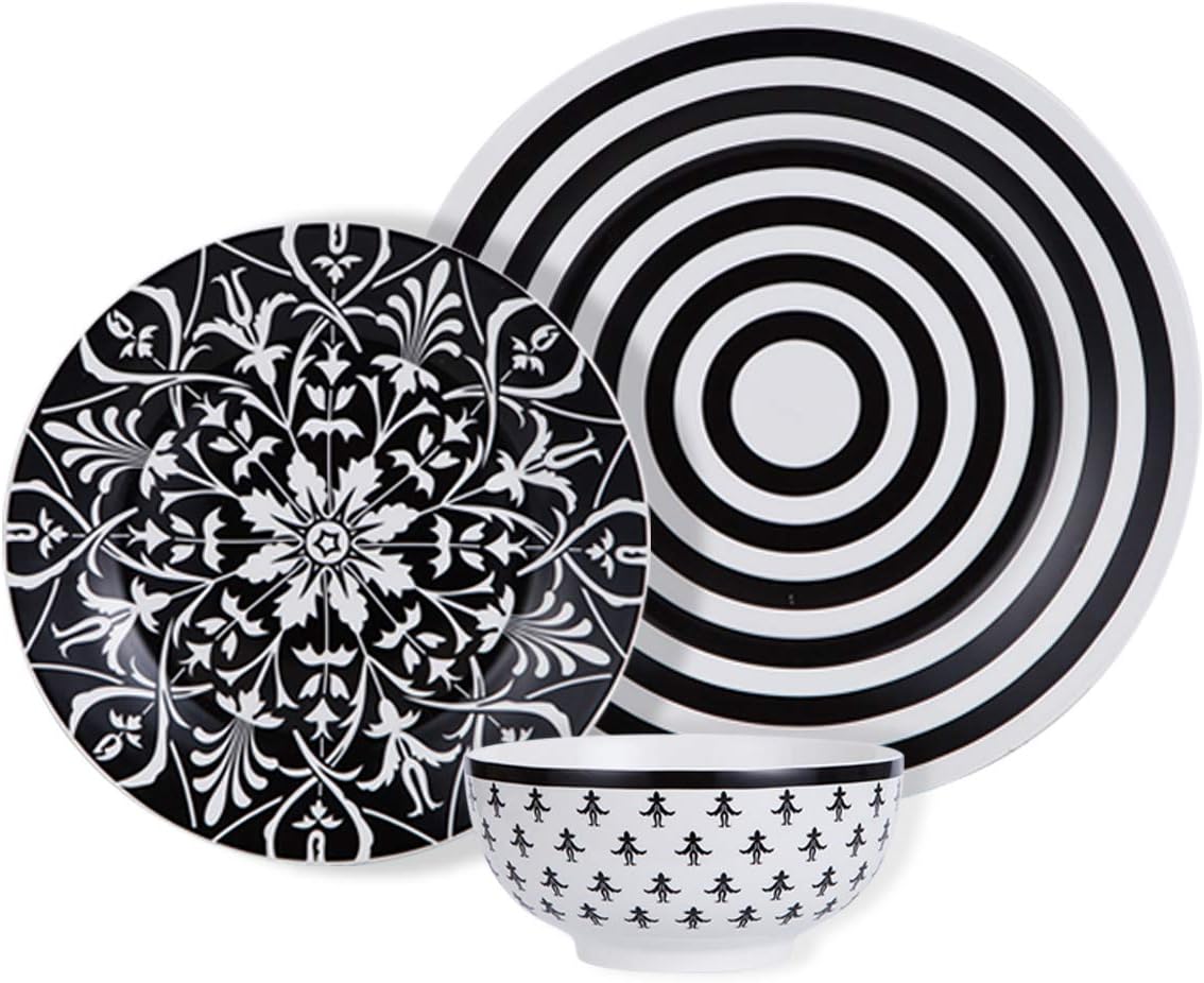 12 Piece Dinnerware Set,SIDUCAL Floral Round Dinnerware Set Services for 4,Dinner Plate Dessert Plate and Bowl,Black