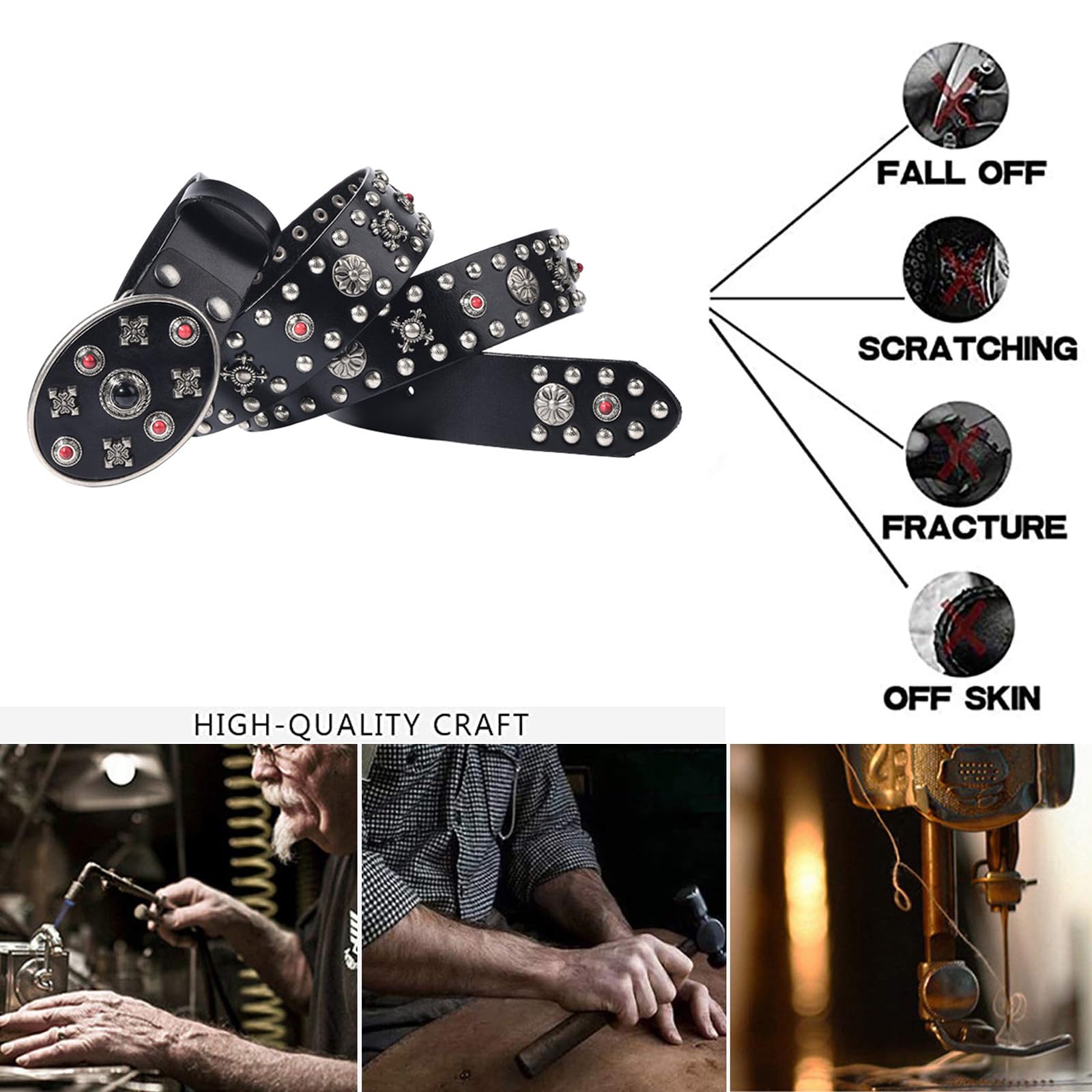 Surrycee Cintura punk rock in metallo con borchie autentiche per uomo e donna, cintura gotica con croce religiosa cristiana e borchie circolari, 3,8 cm di larghezza,Nero,105cm(34~36