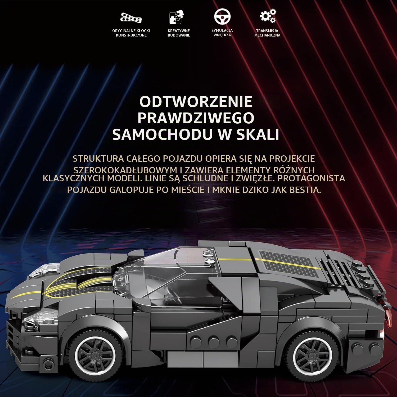 Reobrix Technik 682 zabawkowy zestaw klocków zaciskowych, zestaw do budowy modelu samochodu, samochodu wyścigowego, super samochodu dla dzieci i dorosłych, kolekcja 2024, kompatybilny z Lego (476