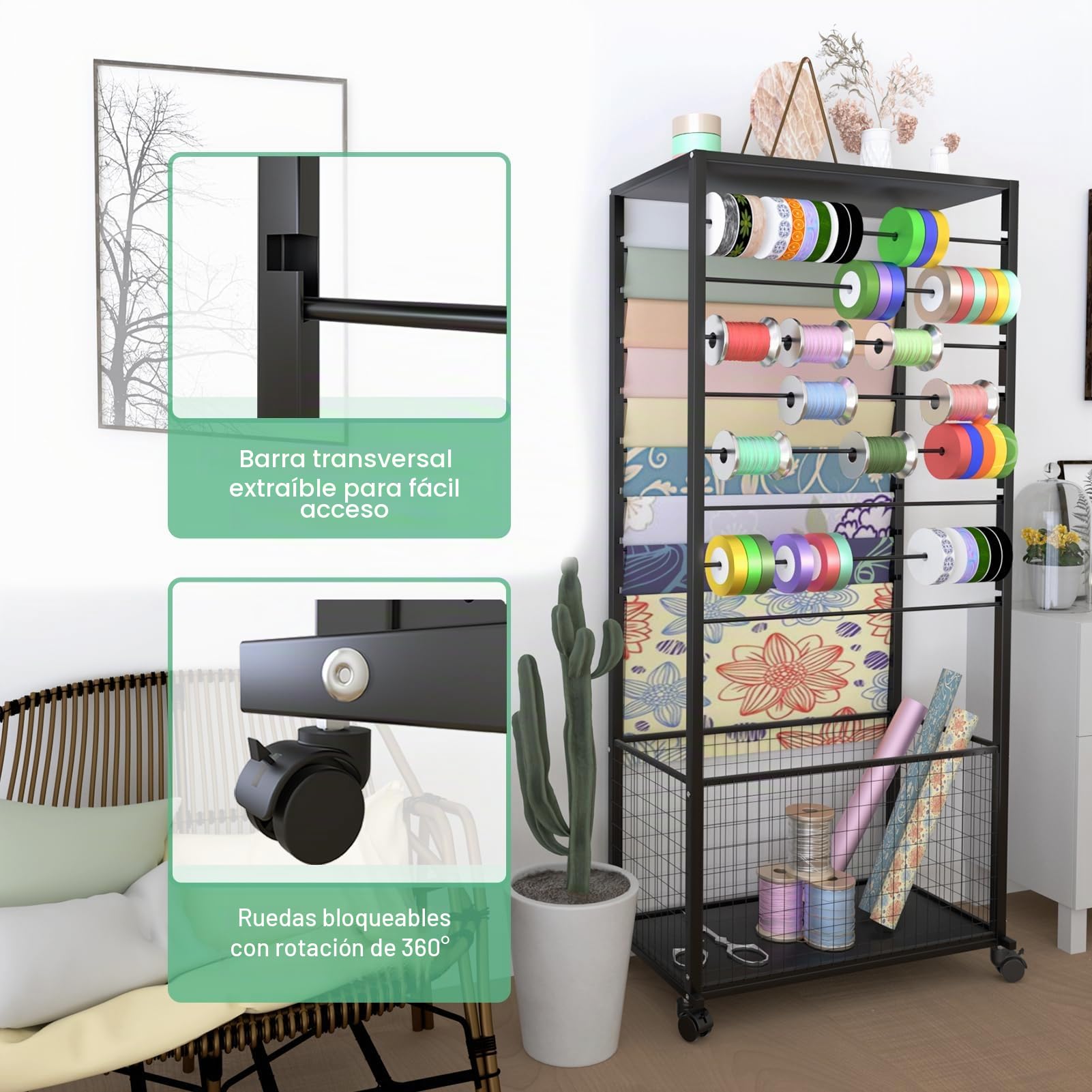 Portarrollos de cinta de regalo, soporte para rollos de cinta de manualidades, organizador con 16 niveles, soporte de almacenamiento con ruedas, estante para rollos (negro)