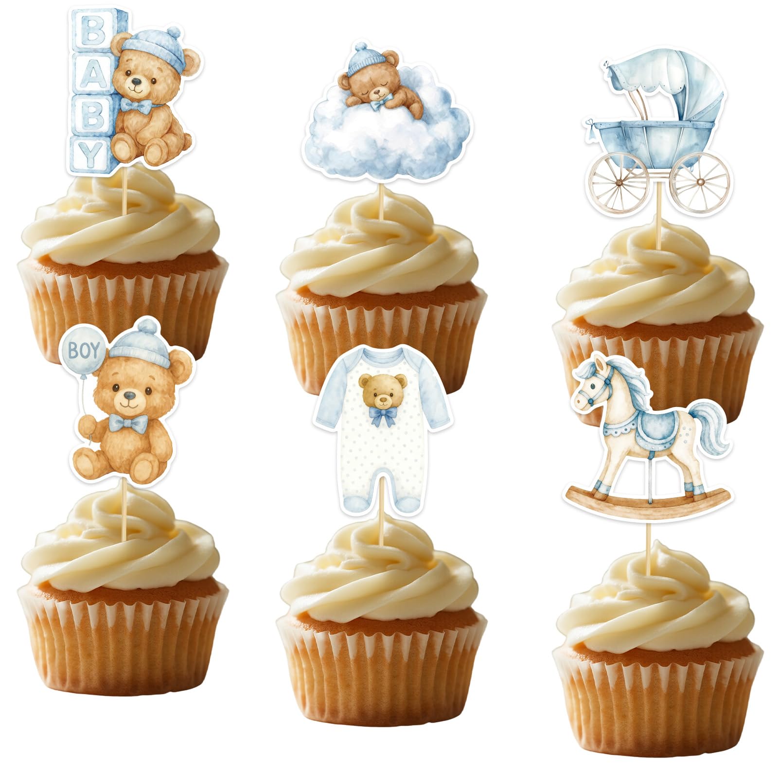 36pcs Baby Boy Bear Cupcake Toppers, Blue Baby Boy Shower Cupcake Decorations with Bear Rocking Horse Cloud Bodysuit Stroller Design Element for Theme Birthday Party Cake Supplies