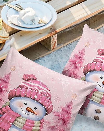 Miniatura 2 de Funda de almohada de invierno para exteriores, diseño de muñeco de nieve, pino, rosa, impermeable, paquete de 2 fundas de almohada con copos de