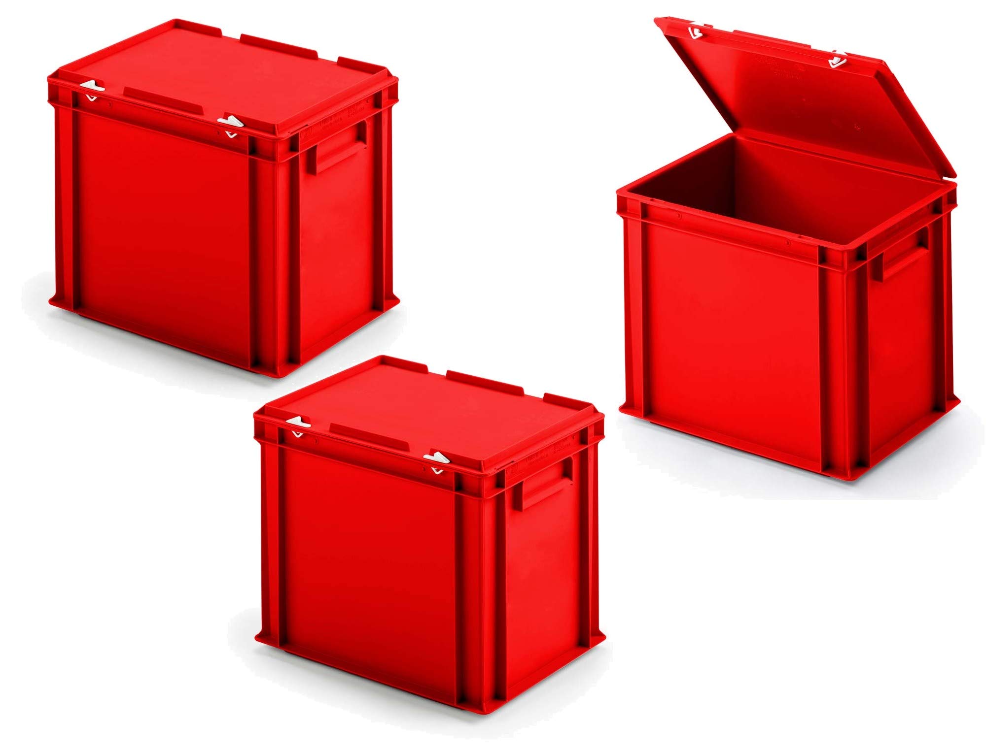3 boîtes Euro en Plastique avec Couvercle à Charnière - Dimensions : 400 x 300 x 330 mm - Rouge